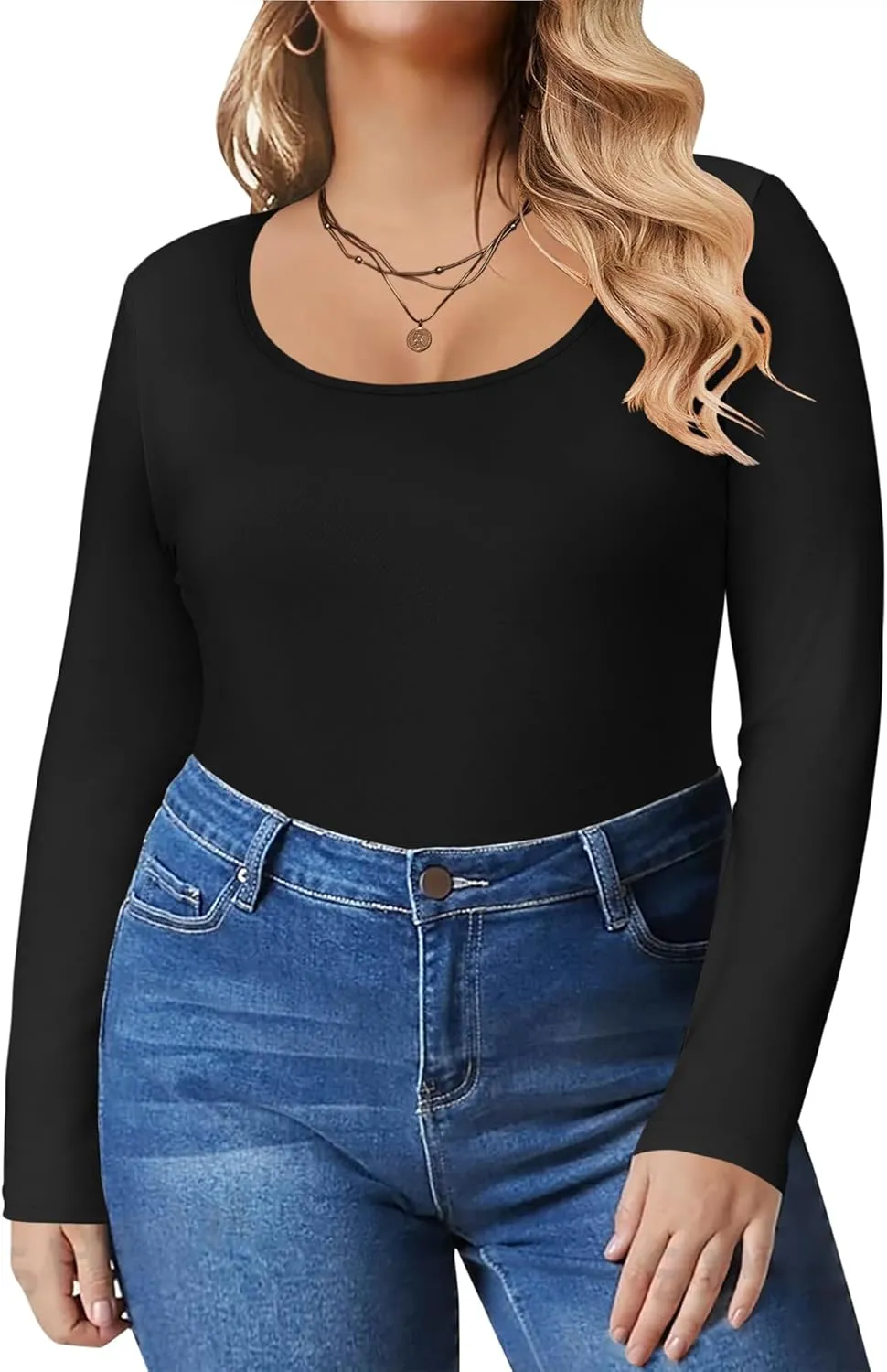 IN'VOLAND Women's Plus Size Long Sleeve Shirts Scoop Neck Slim Fitted T Shirt Stretchy Bodycon Basic Tee Tops