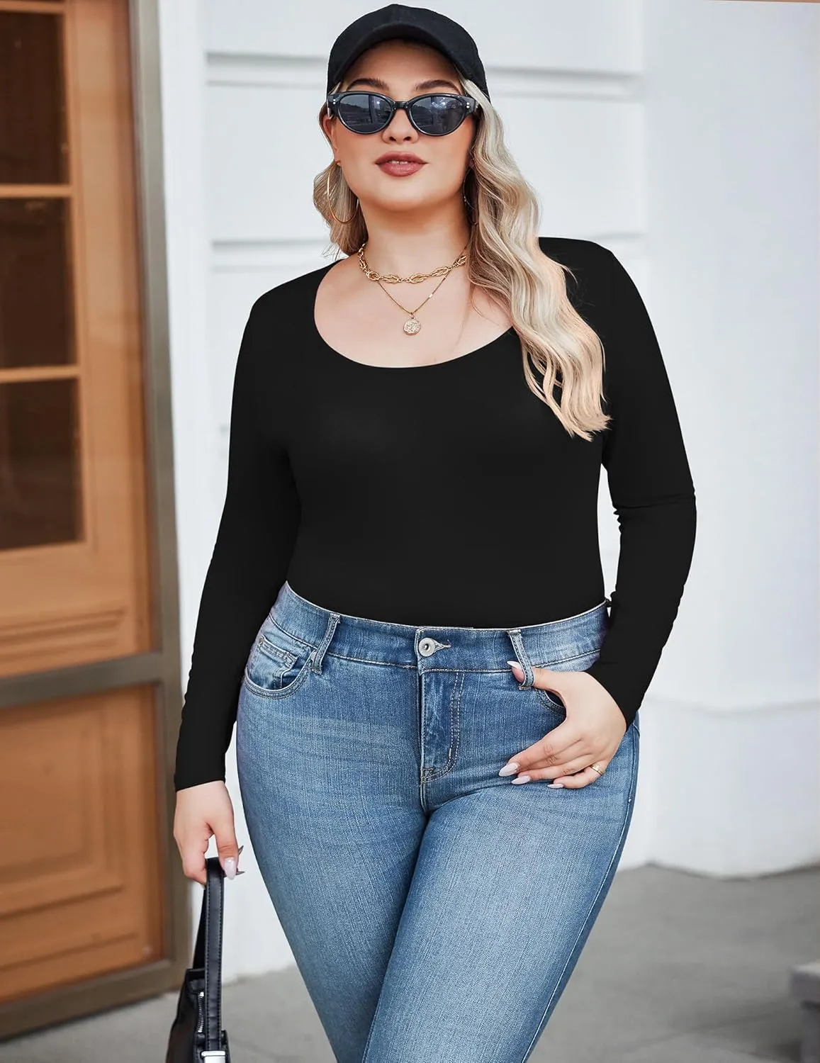 IN'VOLAND Women's Plus Size Long Sleeve Shirts Scoop Neck Slim Fitted T Shirt Stretchy Bodycon Basic Tee Tops