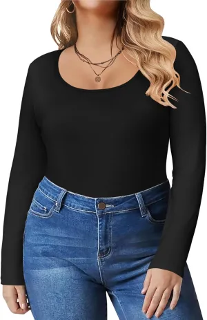 IN'VOLAND Women's Plus Size Long Sleeve Shirts Scoop Neck Slim Fitted T Shirt Stretchy Bodycon Basic Tee Tops