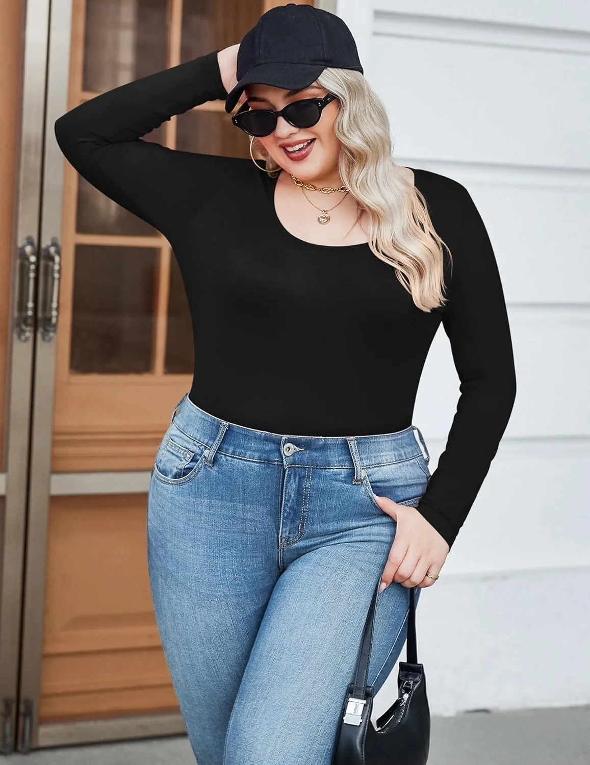 IN'VOLAND Women's Plus Size Long Sleeve Shirts Scoop Neck Slim Fitted T Shirt Stretchy Bodycon Basic Tee Tops