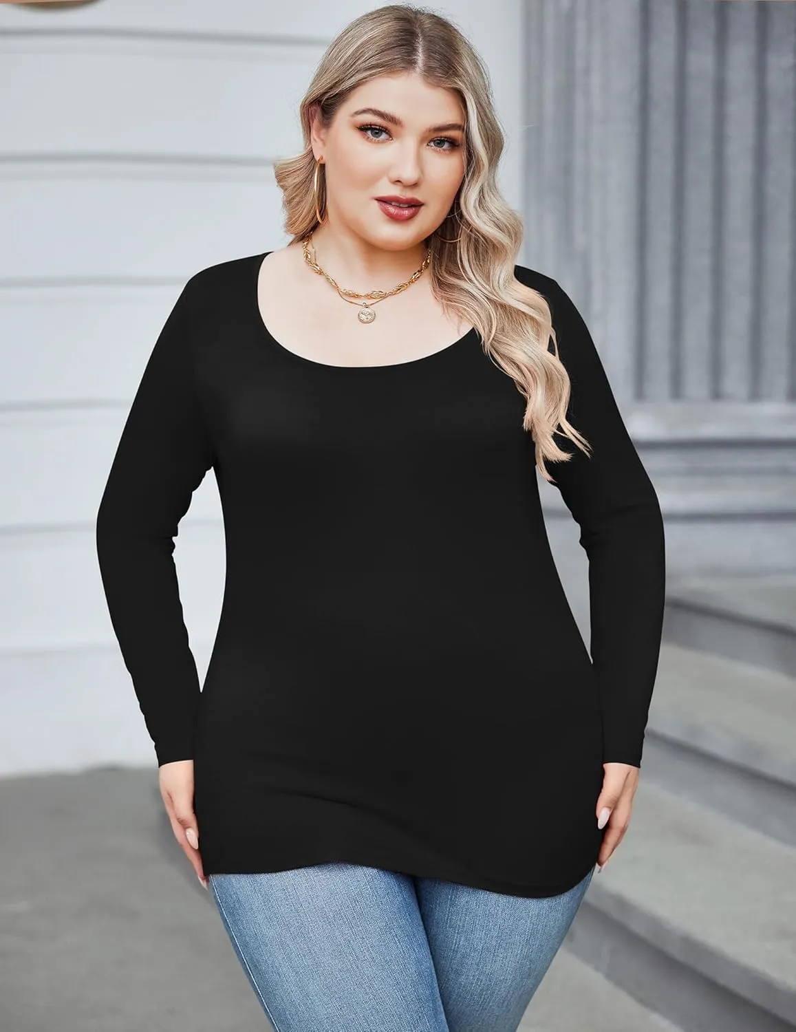 IN'VOLAND Women's Plus Size Long Sleeve Shirts Scoop Neck Slim Fitted T Shirt Stretchy Bodycon Basic Tee Tops
