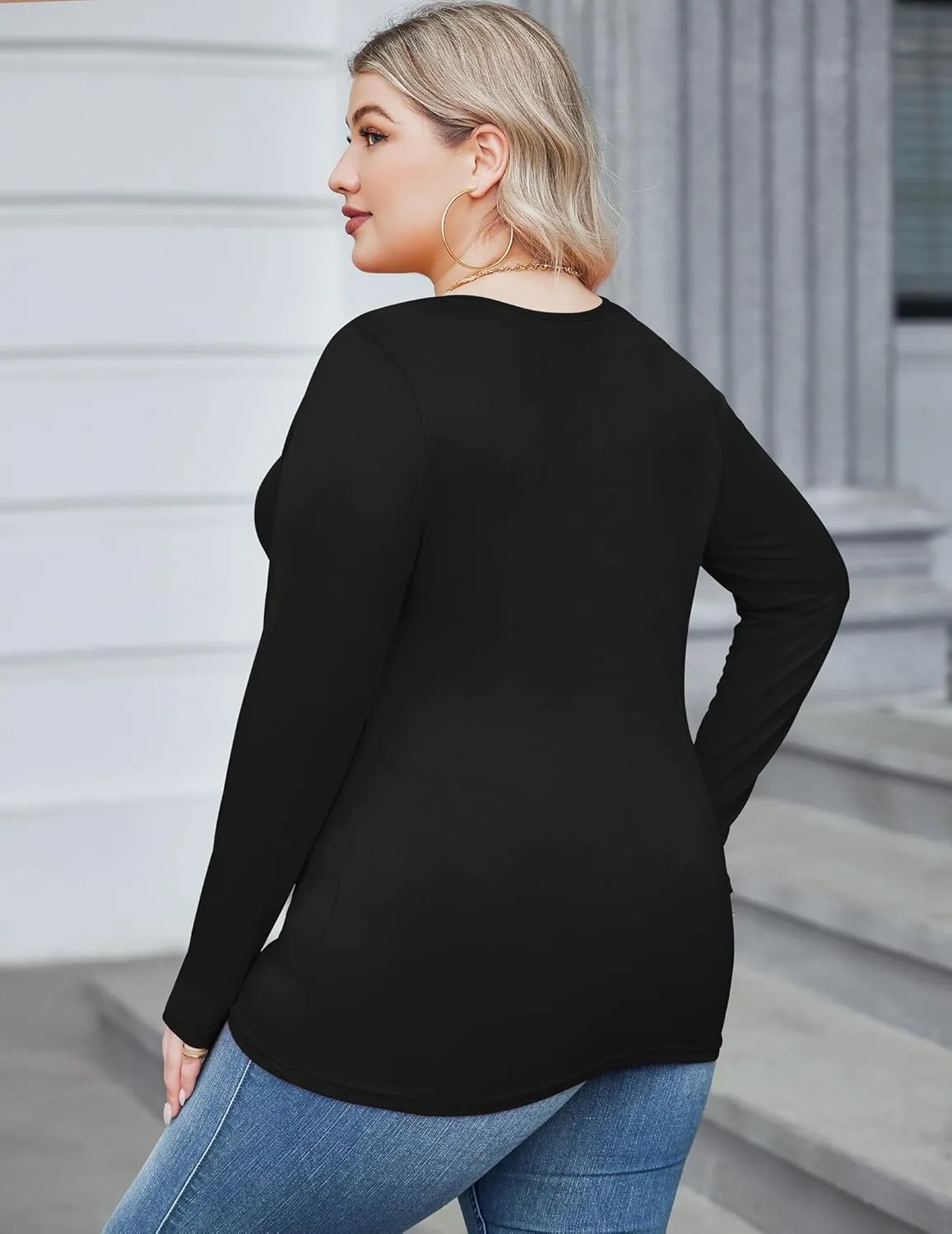 IN'VOLAND Women's Plus Size Long Sleeve Shirts Scoop Neck Slim Fitted T Shirt Stretchy Bodycon Basic Tee Tops