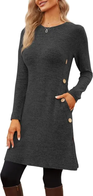 Jar of Love Women's Long Sleeve Scoop Neck Button Side Causal Fall Dress with Pockets