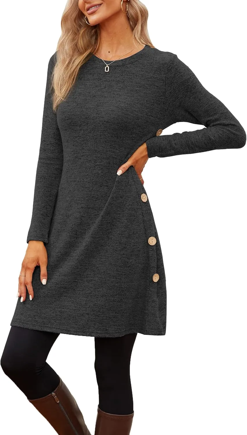 Jar of Love Women's Long Sleeve Scoop Neck Button Side Causal Fall Dress with Pockets