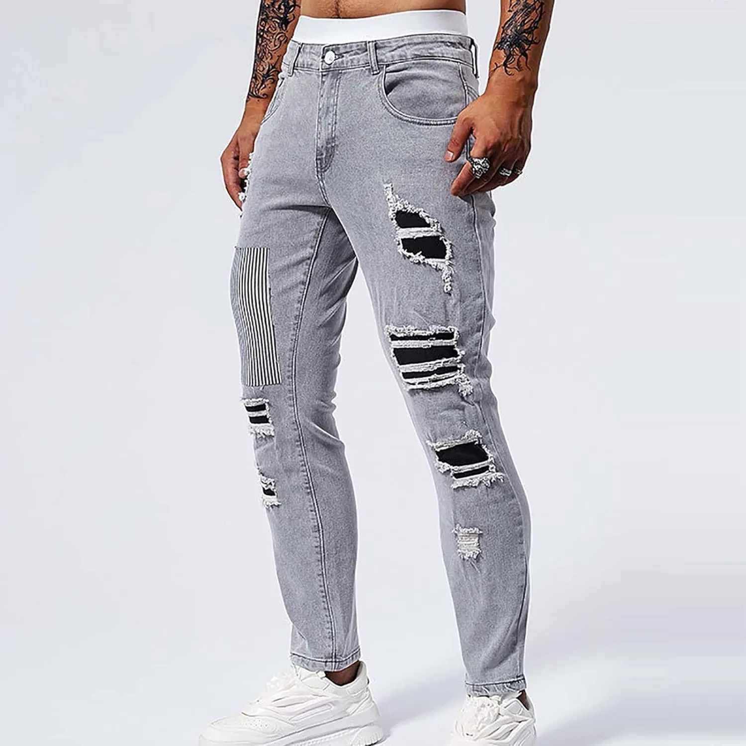 Jeans Pants for Men's 2025 Fashion Solid Color Ripped Denim Cargo Trouser Stretch Slim Fit Comfy Sweatpant