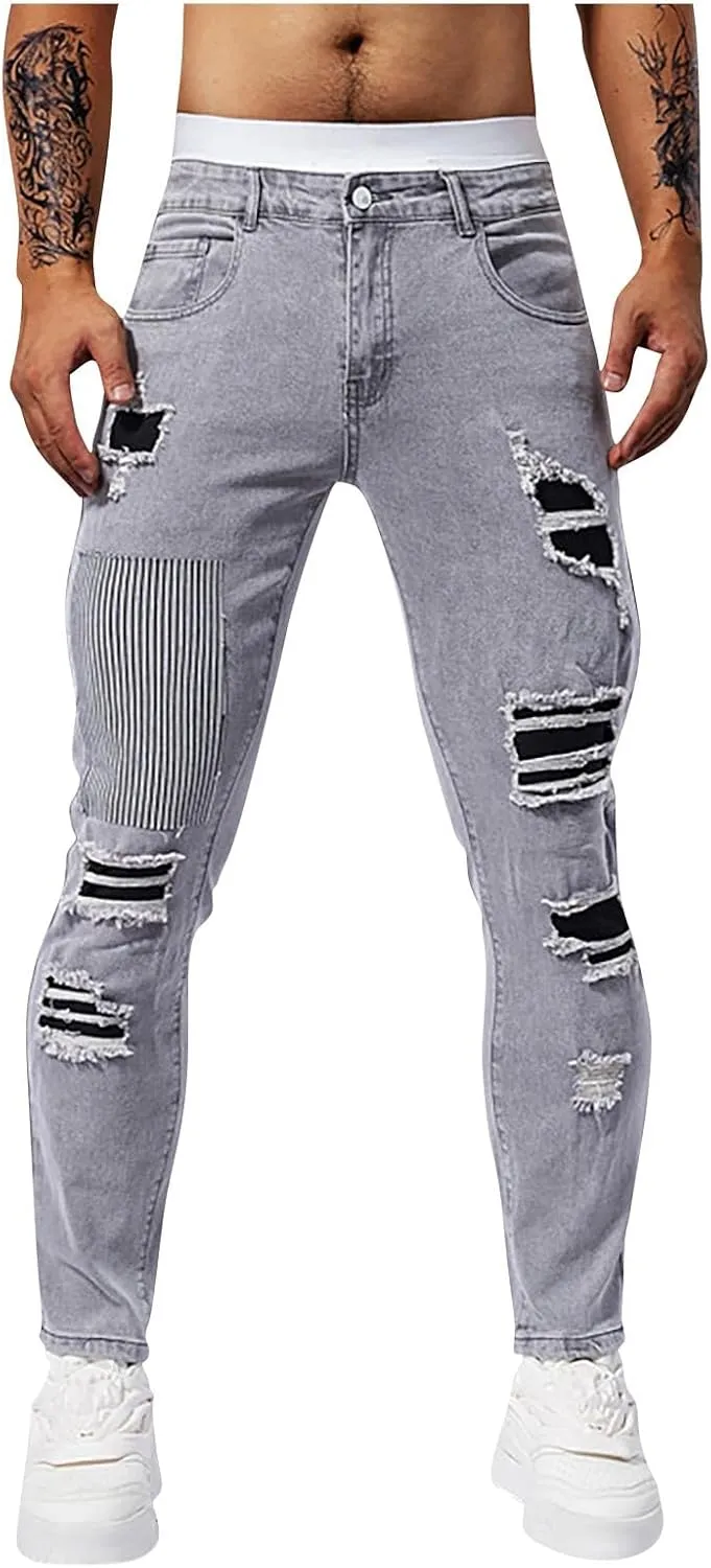 Jeans Pants for Men's 2025 Fashion Solid Color Ripped Denim Cargo Trouser Stretch Slim Fit Comfy Sweatpant