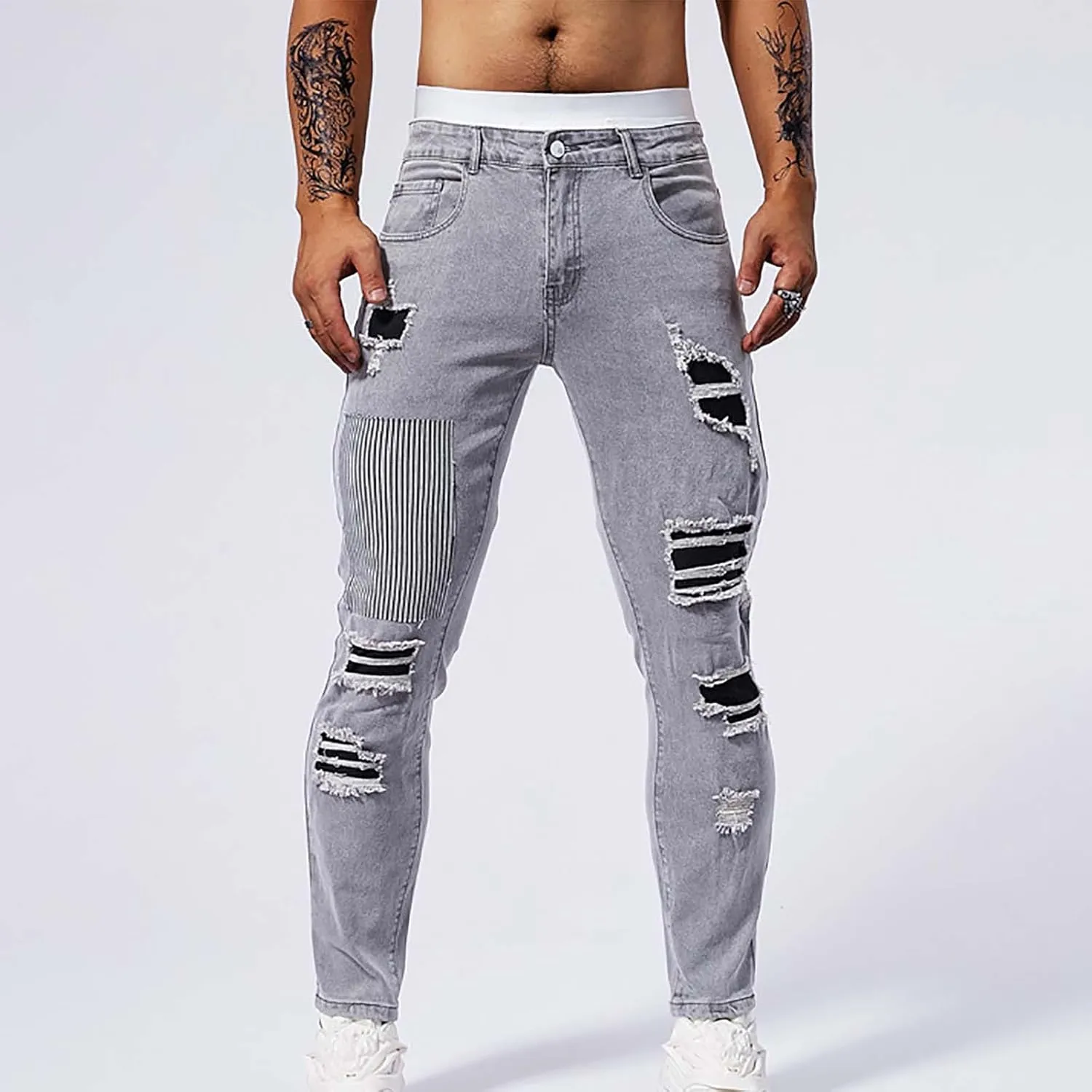 Jeans Pants for Men's 2025 Fashion Solid Color Ripped Denim Cargo Trouser Stretch Slim Fit Comfy Sweatpant