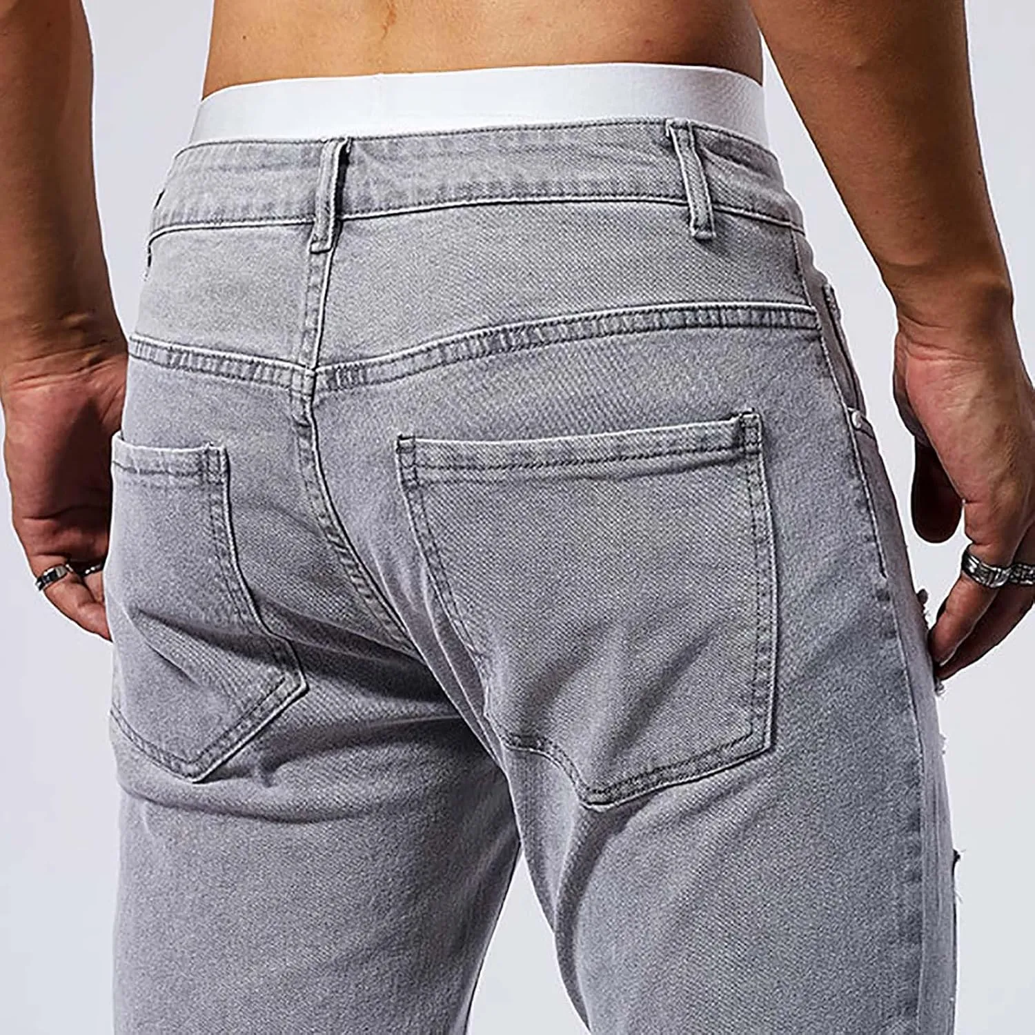 Jeans Pants for Men's 2025 Fashion Solid Color Ripped Denim Cargo Trouser Stretch Slim Fit Comfy Sweatpant