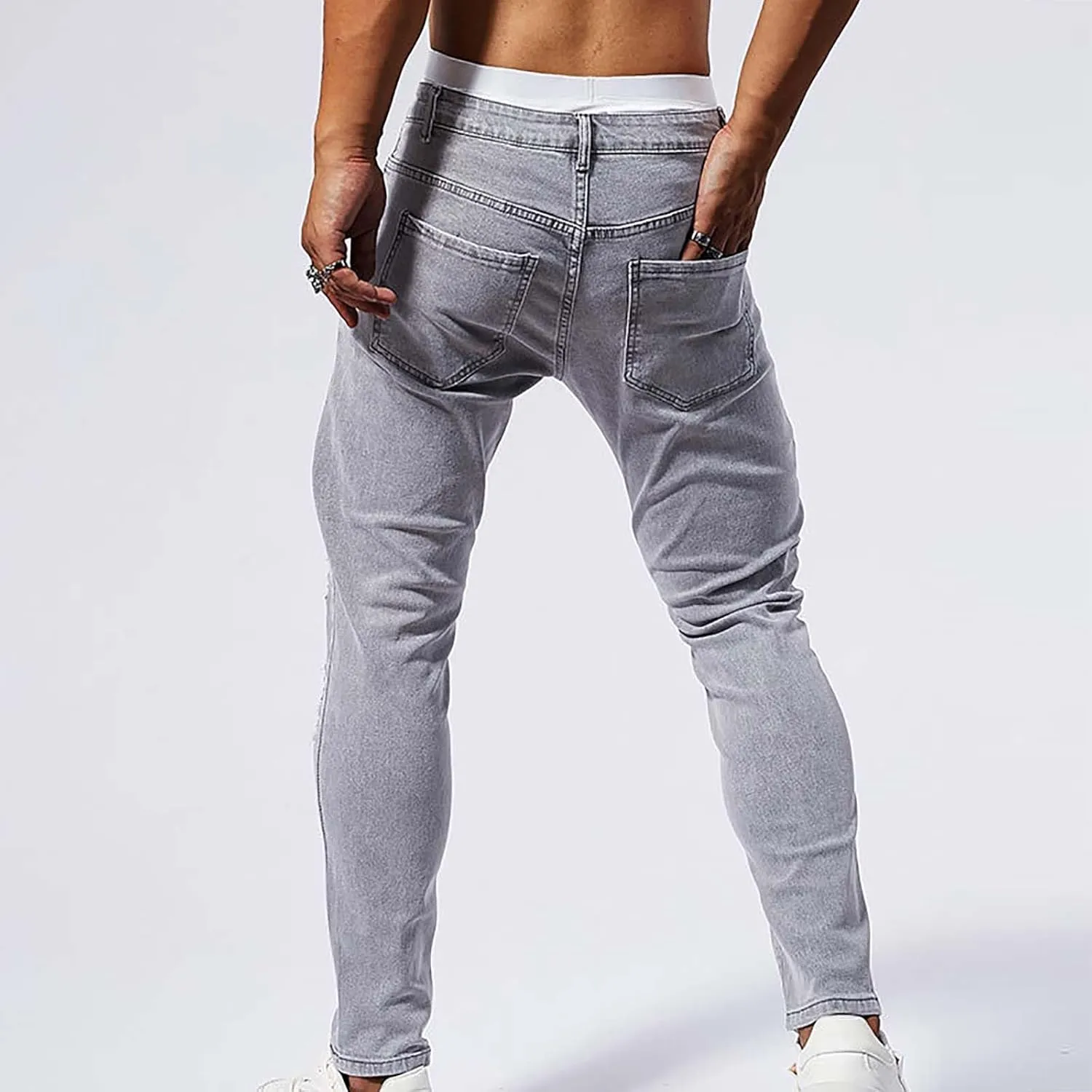 Jeans Pants for Men's 2025 Fashion Solid Color Ripped Denim Cargo Trouser Stretch Slim Fit Comfy Sweatpant