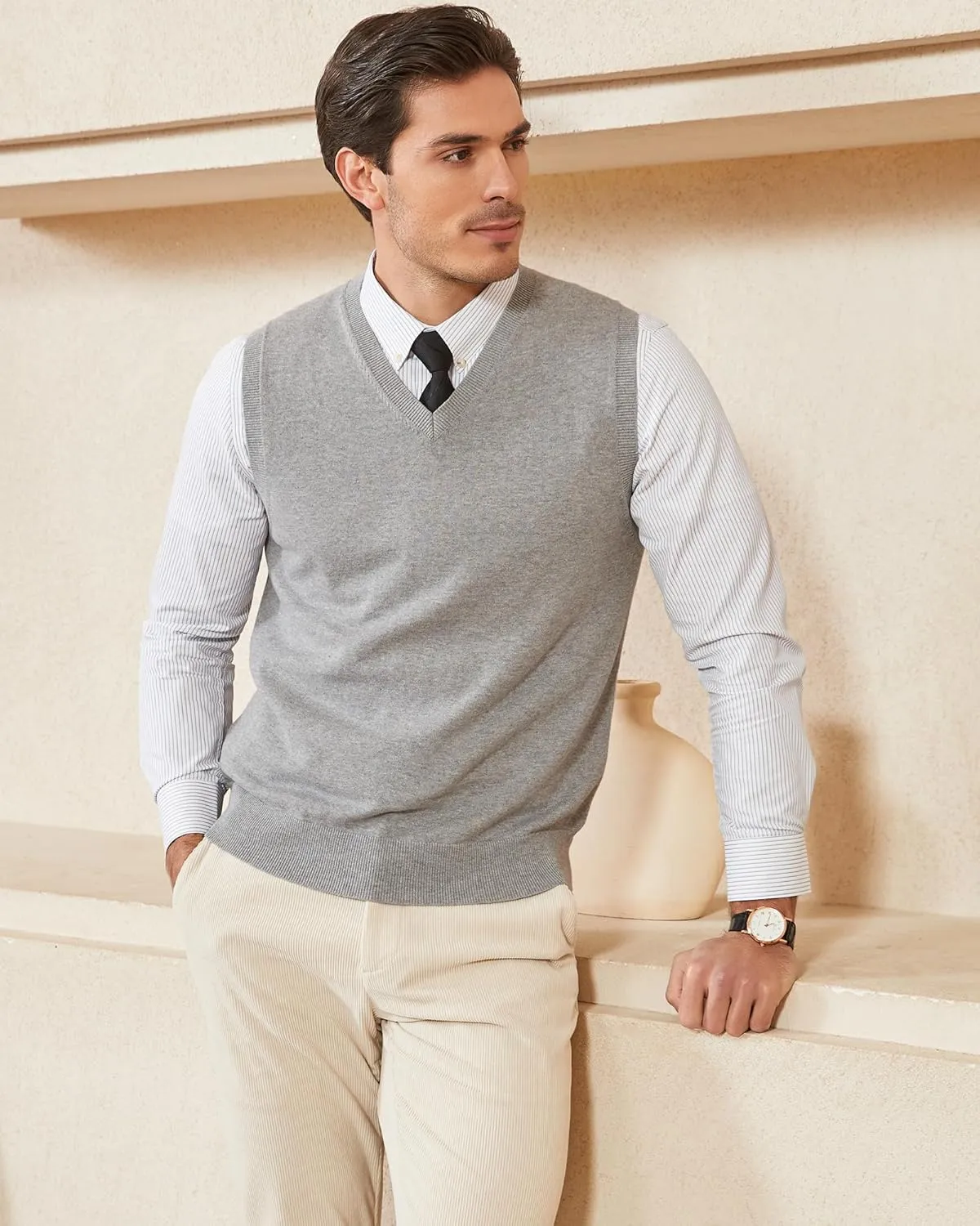 Kallspin Men's Pure Cotton Sweater Vest V Neck Regular Fit Knit Sleeveless Pullover Sweater