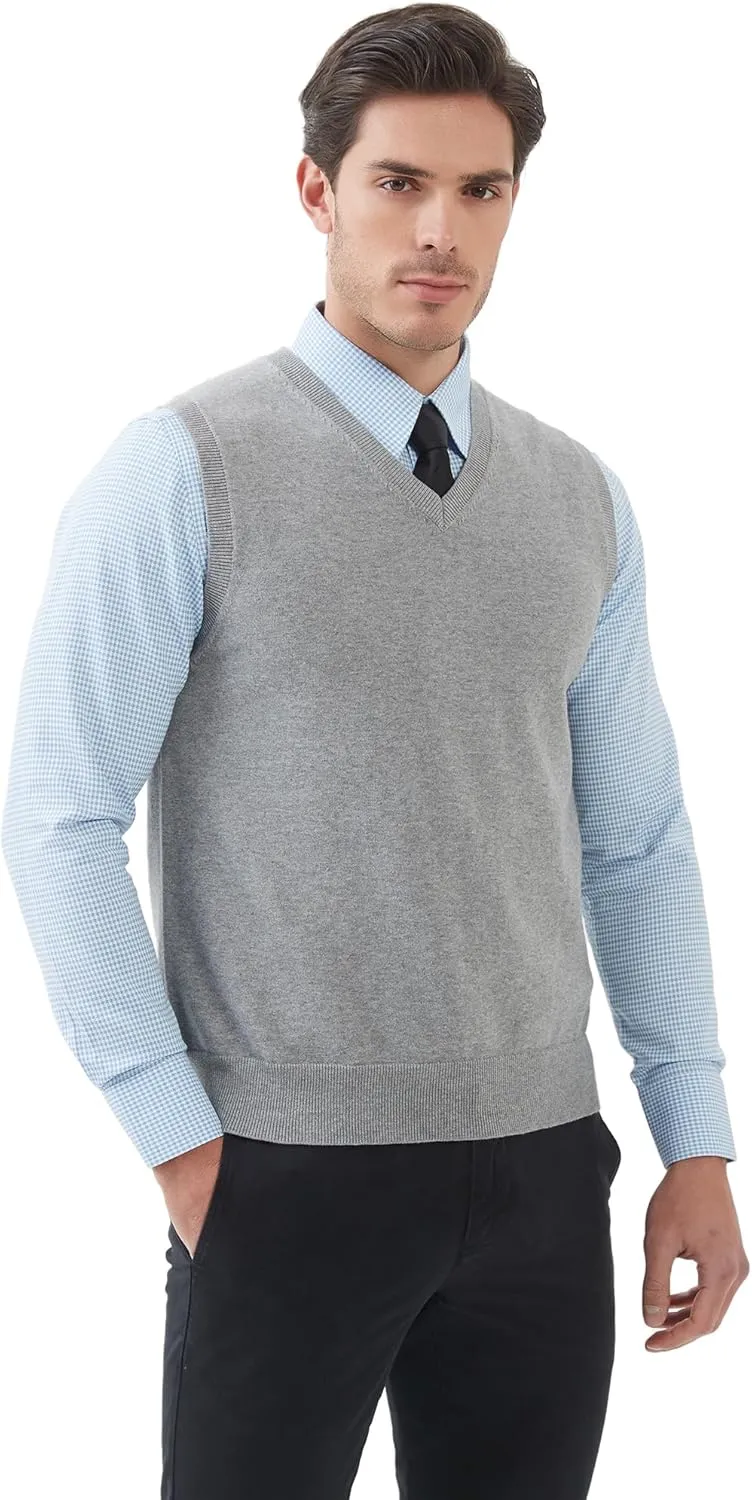 Kallspin Men's Pure Cotton Sweater Vest V Neck Regular Fit Knit Sleeveless Pullover Sweater