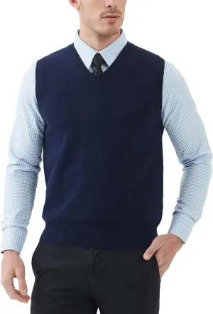 Kallspin Men's Pure Cotton Sweater Vest V Neck Regular Fit Knit Sleeveless Pullover Sweater