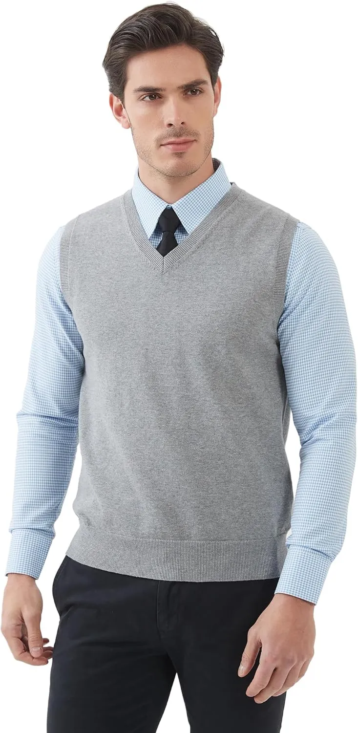Kallspin Men's Pure Cotton Sweater Vest V Neck Regular Fit Knit Sleeveless Pullover Sweater