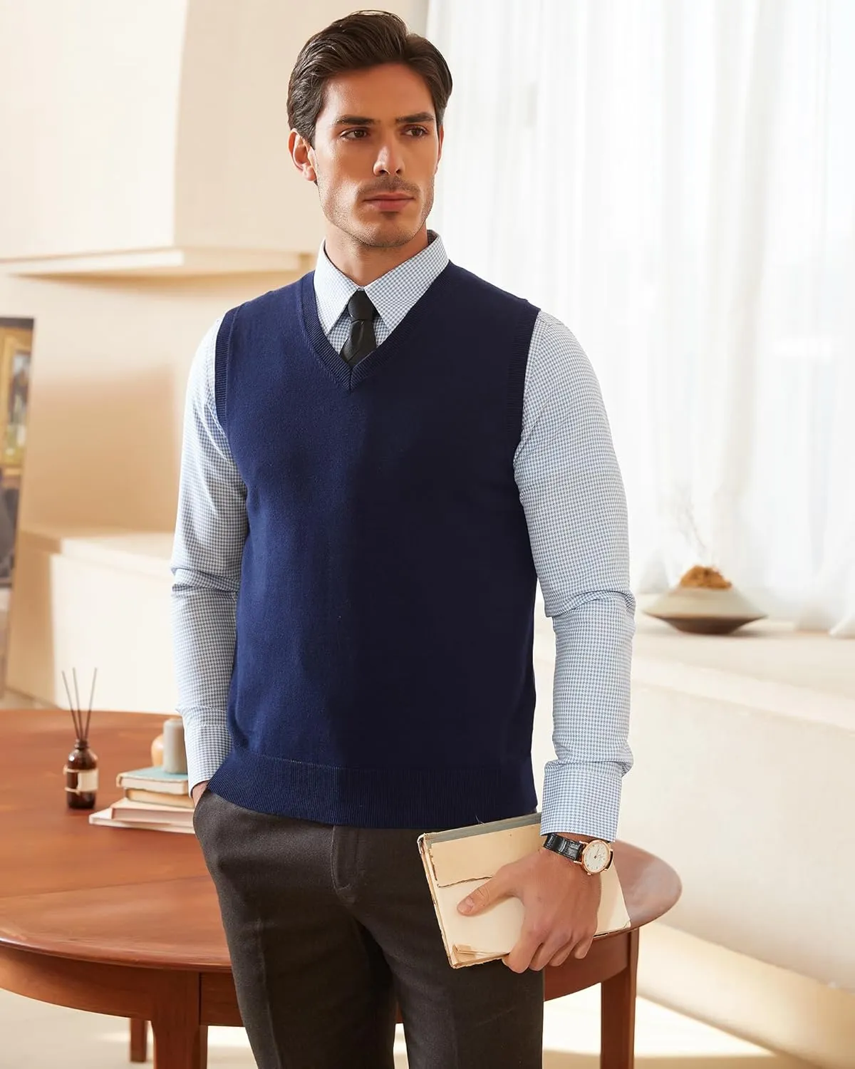 Kallspin Men's Pure Cotton Sweater Vest V Neck Regular Fit Knit Sleeveless Pullover Sweater