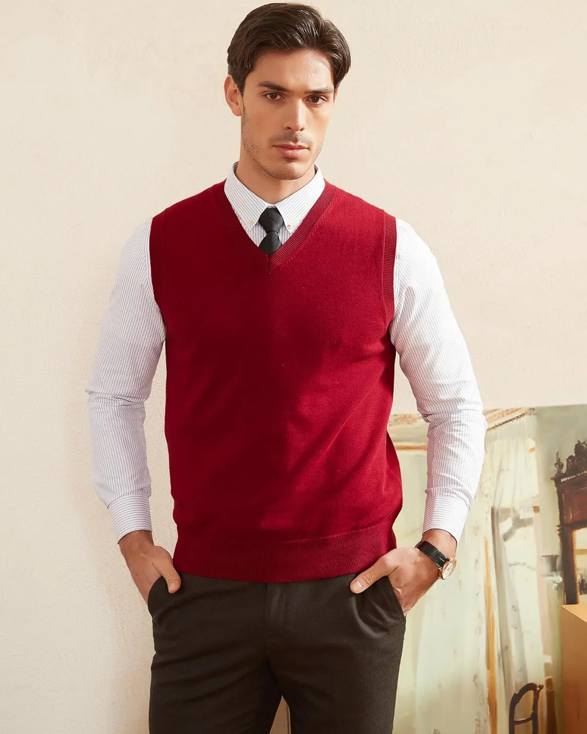 Kallspin Men's Pure Cotton Sweater Vest V Neck Regular Fit Knit Sleeveless Pullover Sweater
