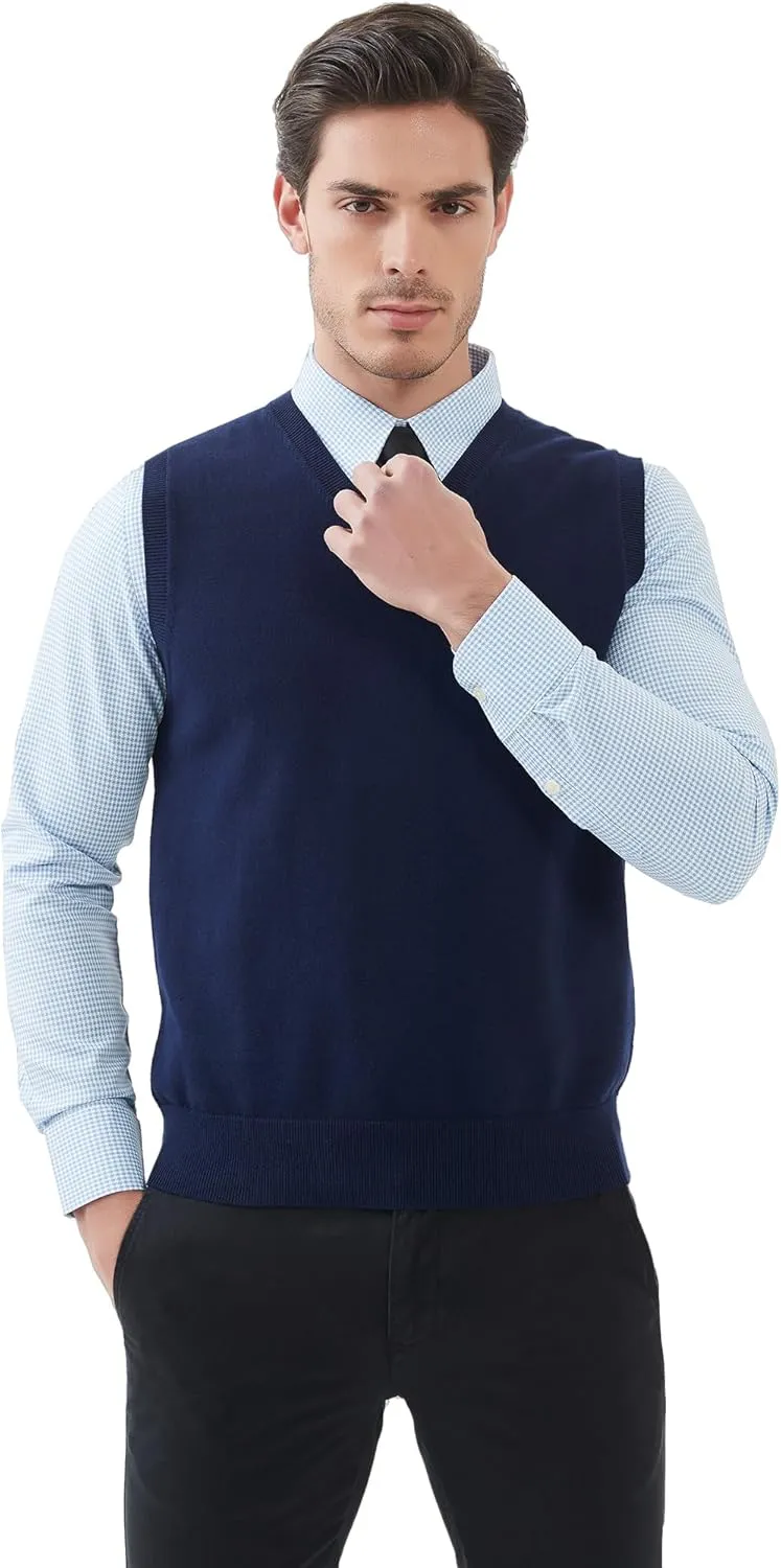 Kallspin Men's Pure Cotton Sweater Vest V Neck Regular Fit Knit Sleeveless Pullover Sweater