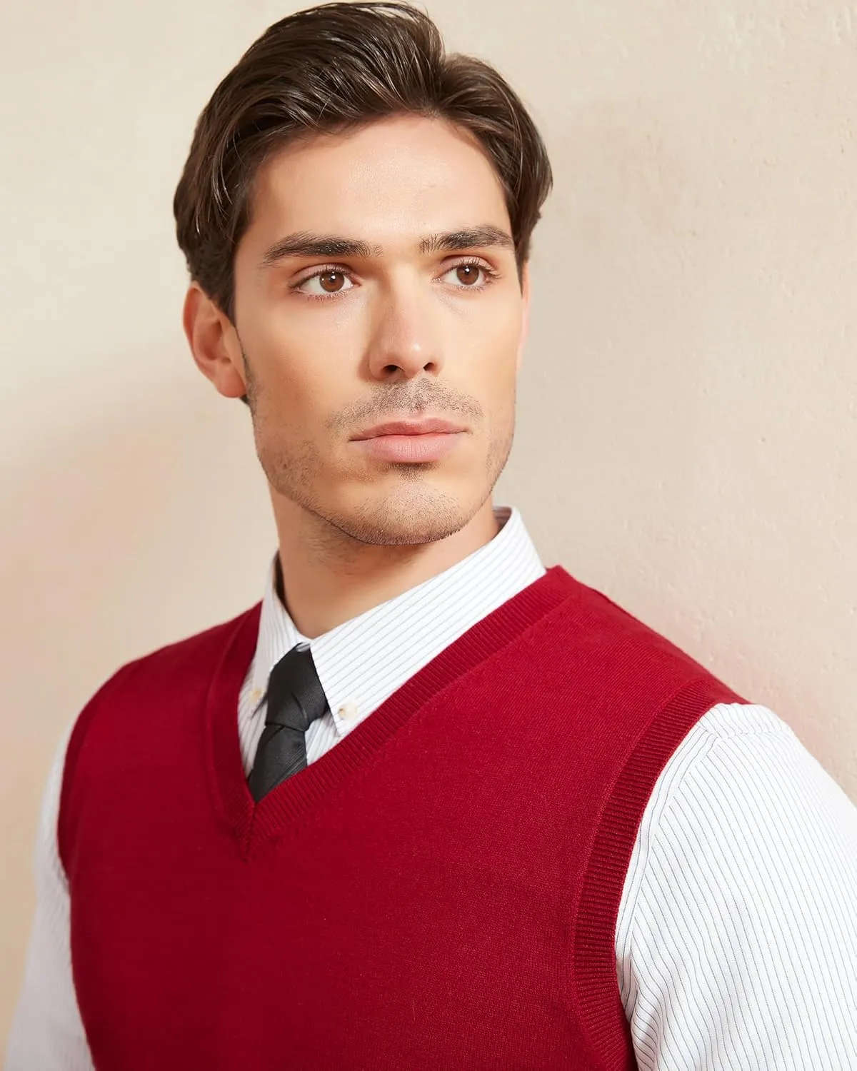 Kallspin Men's Pure Cotton Sweater Vest V Neck Regular Fit Knit Sleeveless Pullover Sweater