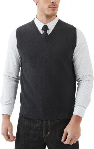 Kallspin Men's Pure Cotton Sweater Vest V Neck Regular Fit Knit Sleeveless Pullover Sweater