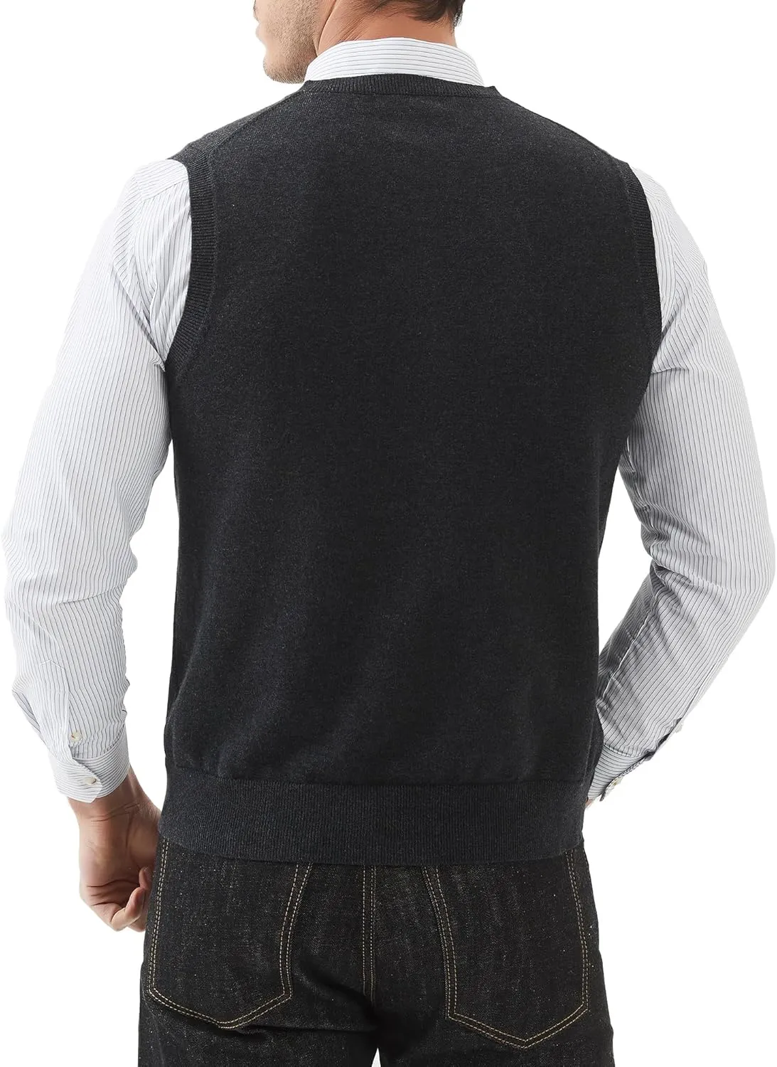Kallspin Men's Pure Cotton Sweater Vest V Neck Regular Fit Knit Sleeveless Pullover Sweater