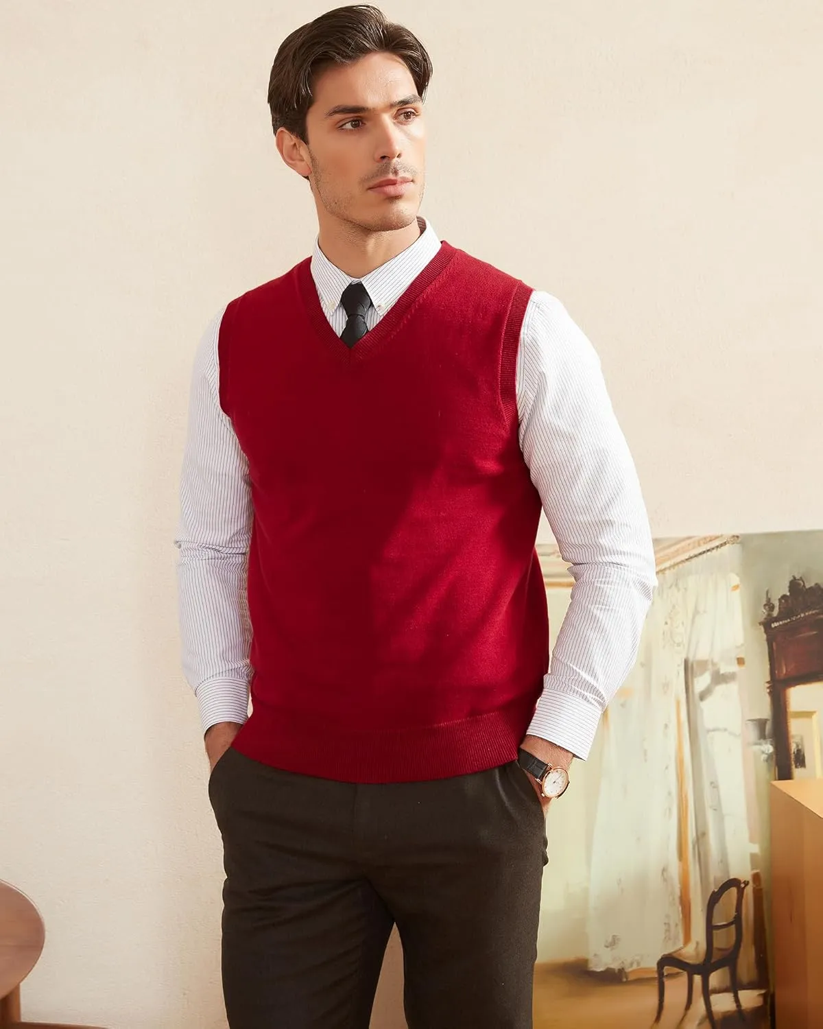 Kallspin Men's Pure Cotton Sweater Vest V Neck Regular Fit Knit Sleeveless Pullover Sweater
