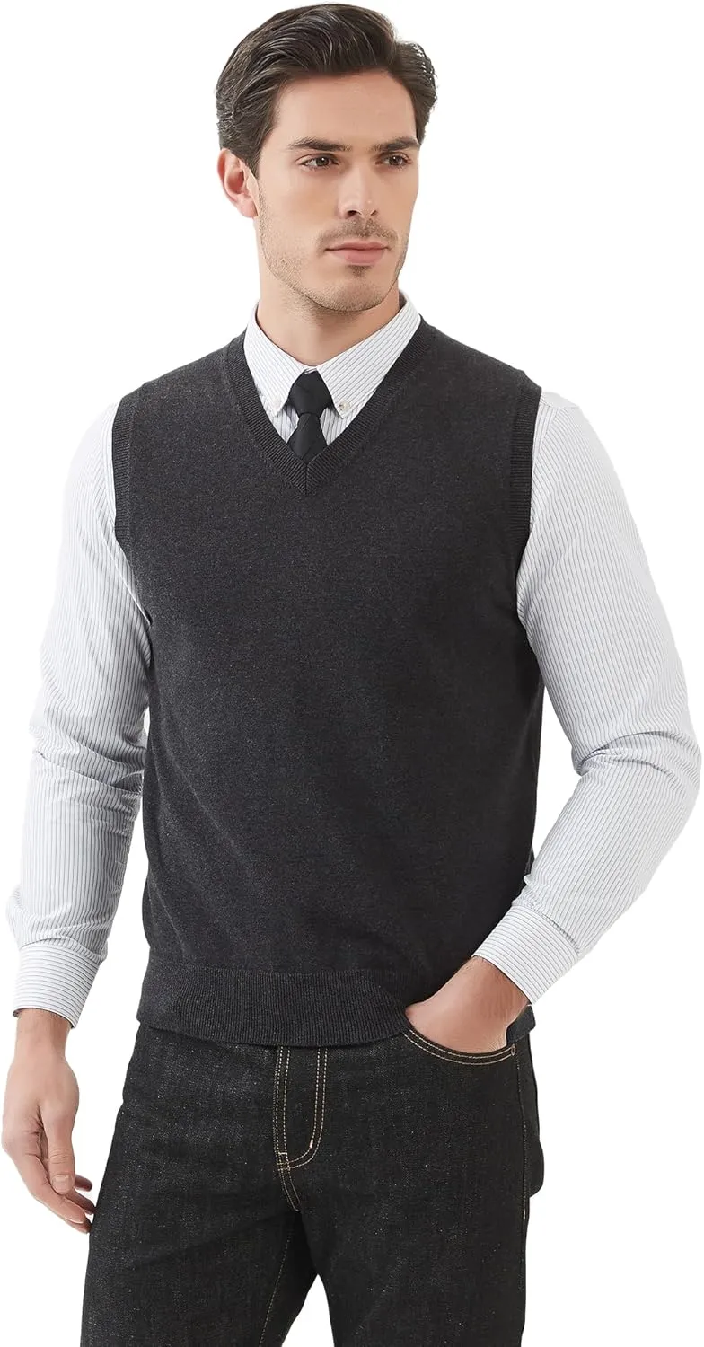 Kallspin Men's Pure Cotton Sweater Vest V Neck Regular Fit Knit Sleeveless Pullover Sweater