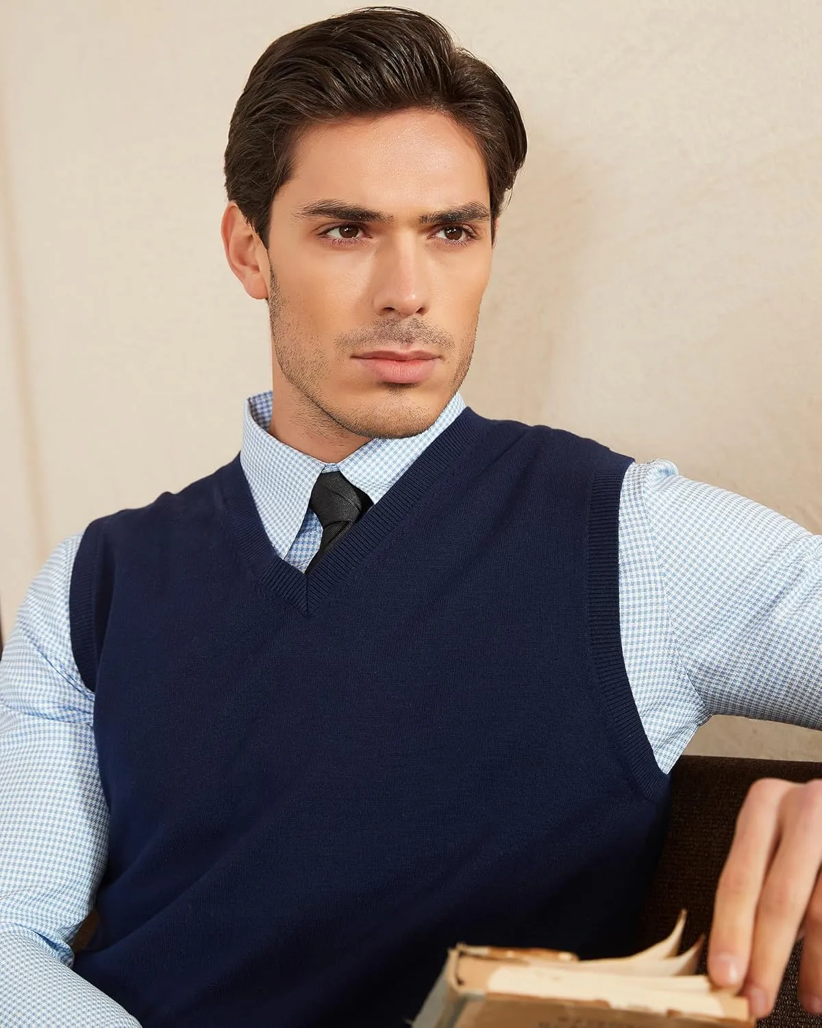 Kallspin Men's Pure Cotton Sweater Vest V Neck Regular Fit Knit Sleeveless Pullover Sweater