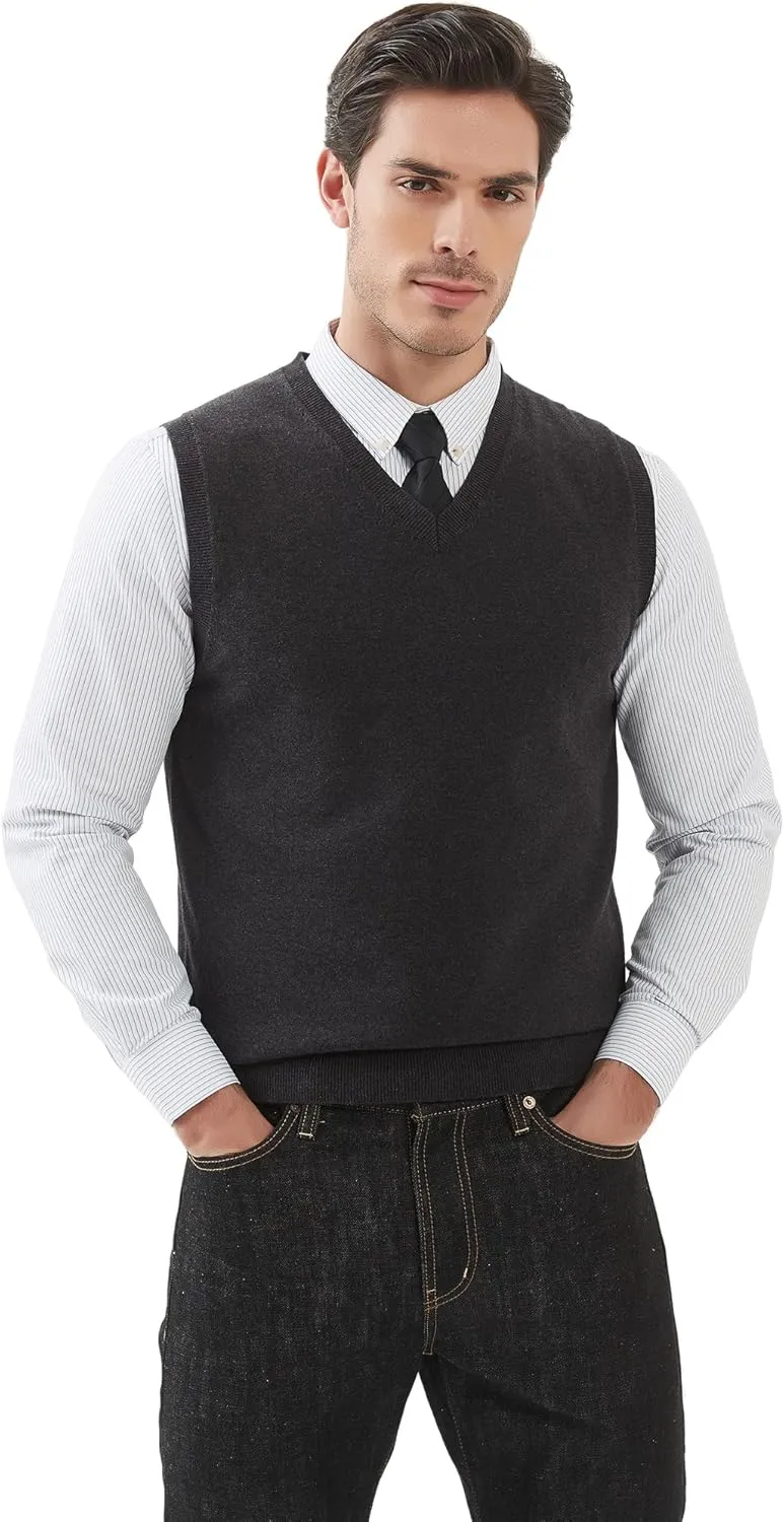 Kallspin Men's Pure Cotton Sweater Vest V Neck Regular Fit Knit Sleeveless Pullover Sweater