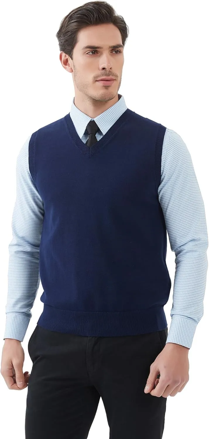 Kallspin Men's Pure Cotton Sweater Vest V Neck Regular Fit Knit Sleeveless Pullover Sweater