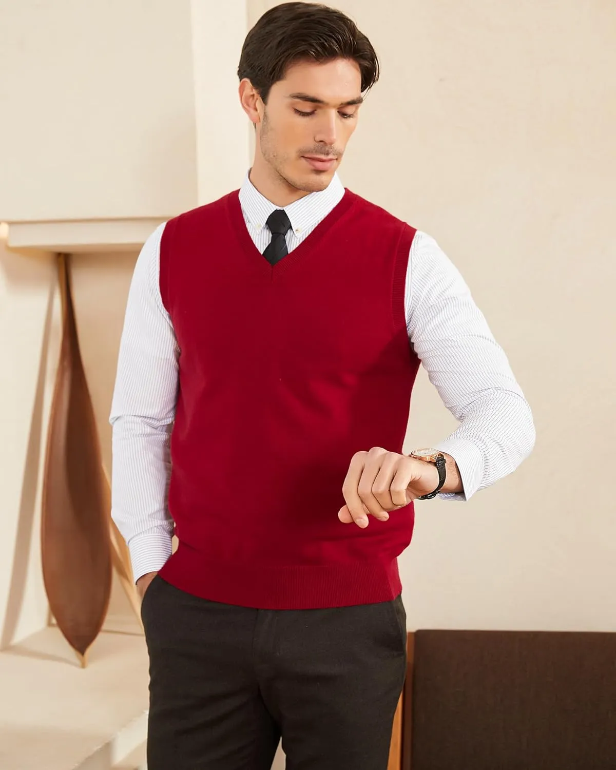Kallspin Men's Pure Cotton Sweater Vest V Neck Regular Fit Knit Sleeveless Pullover Sweater