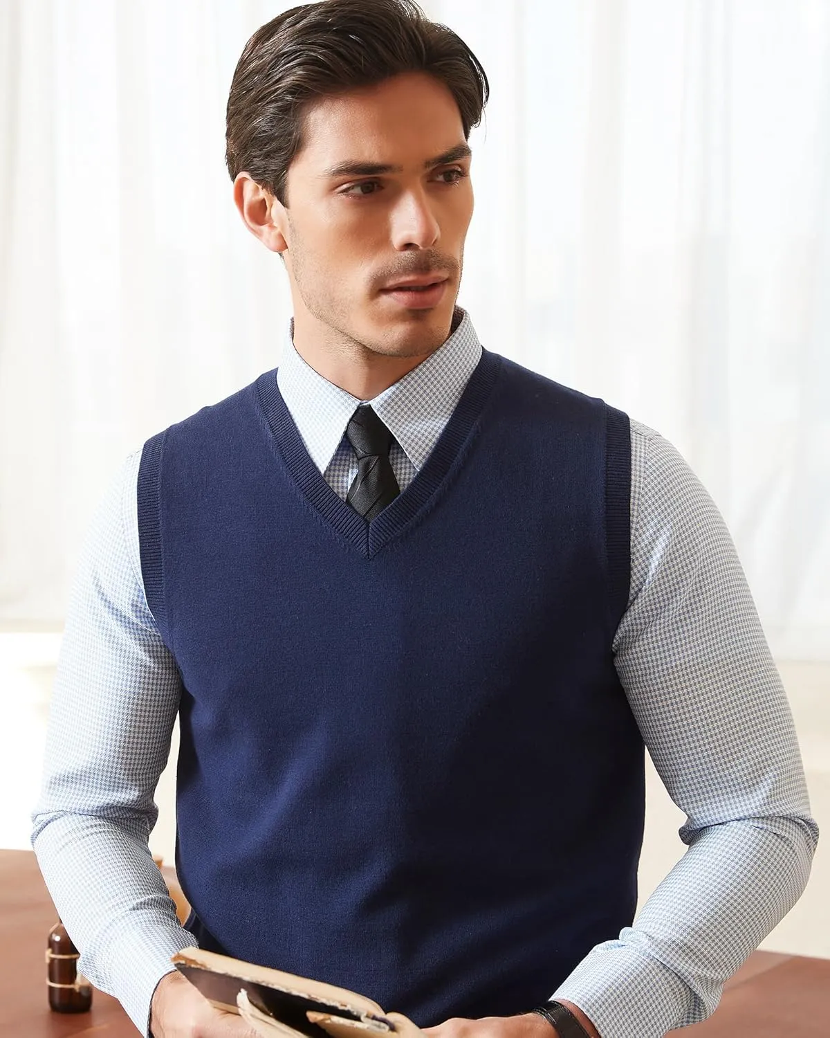Kallspin Men's Pure Cotton Sweater Vest V Neck Regular Fit Knit Sleeveless Pullover Sweater