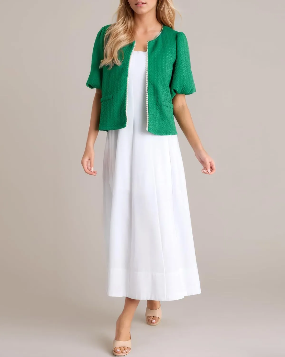 Kedera Puff Short Sleeve Tweed Jacket Women Cropped Jackets Summer Open Front Elegant Trimmed Cardigans with Pearls