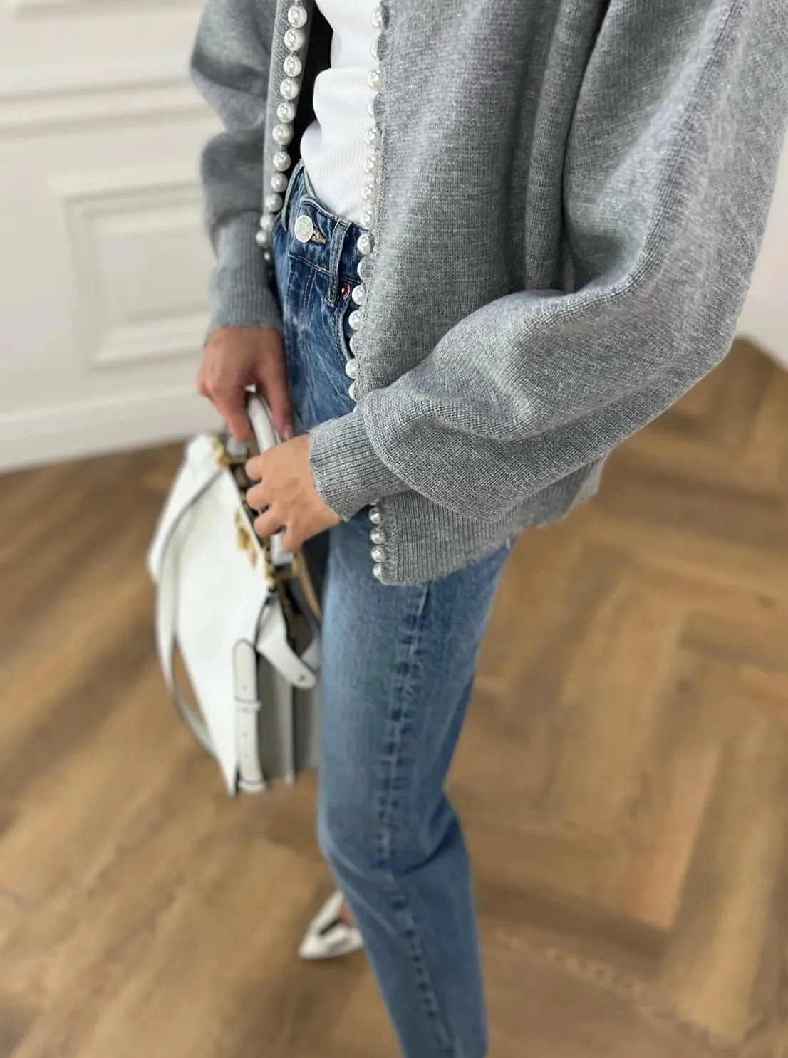 Kedera Womens Casual Pearl Cardigan 2025 Spring Elegant Embellished Long Sleeve Oversized Knit Sweater