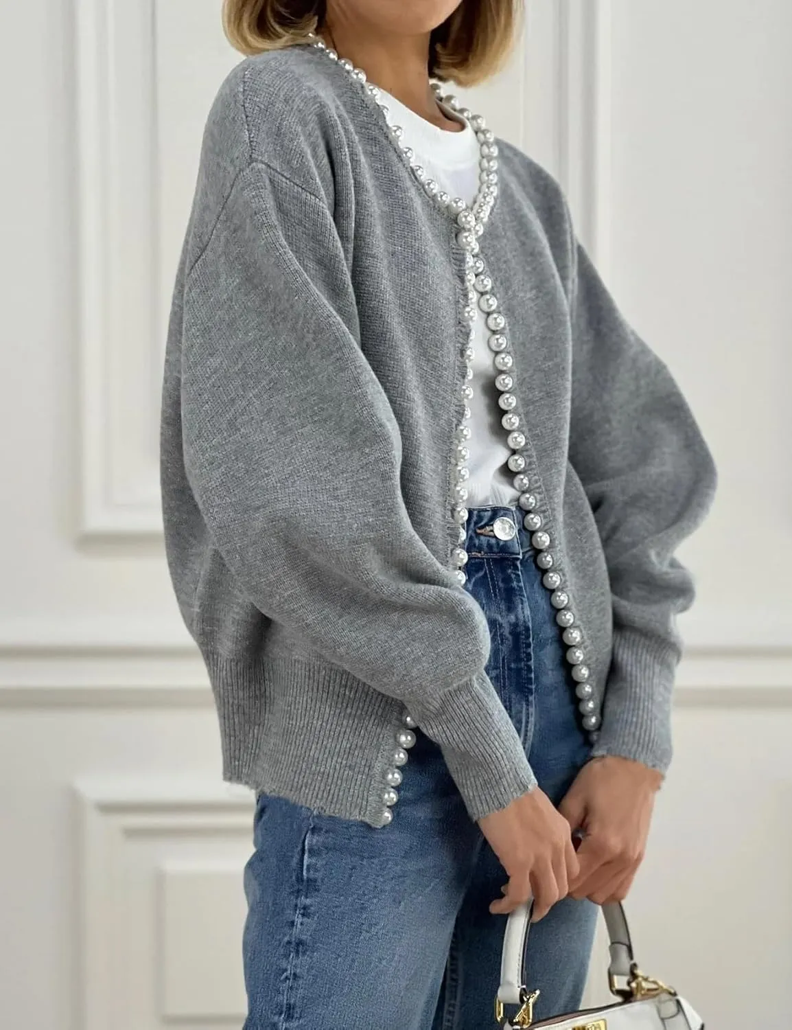 Kedera Womens Casual Pearl Cardigan 2025 Spring Elegant Embellished Long Sleeve Oversized Knit Sweater