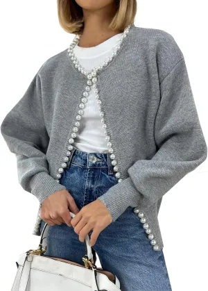 Kedera Womens Casual Pearl Cardigan 2025 Spring Elegant Embellished Long Sleeve Oversized Knit Sweater