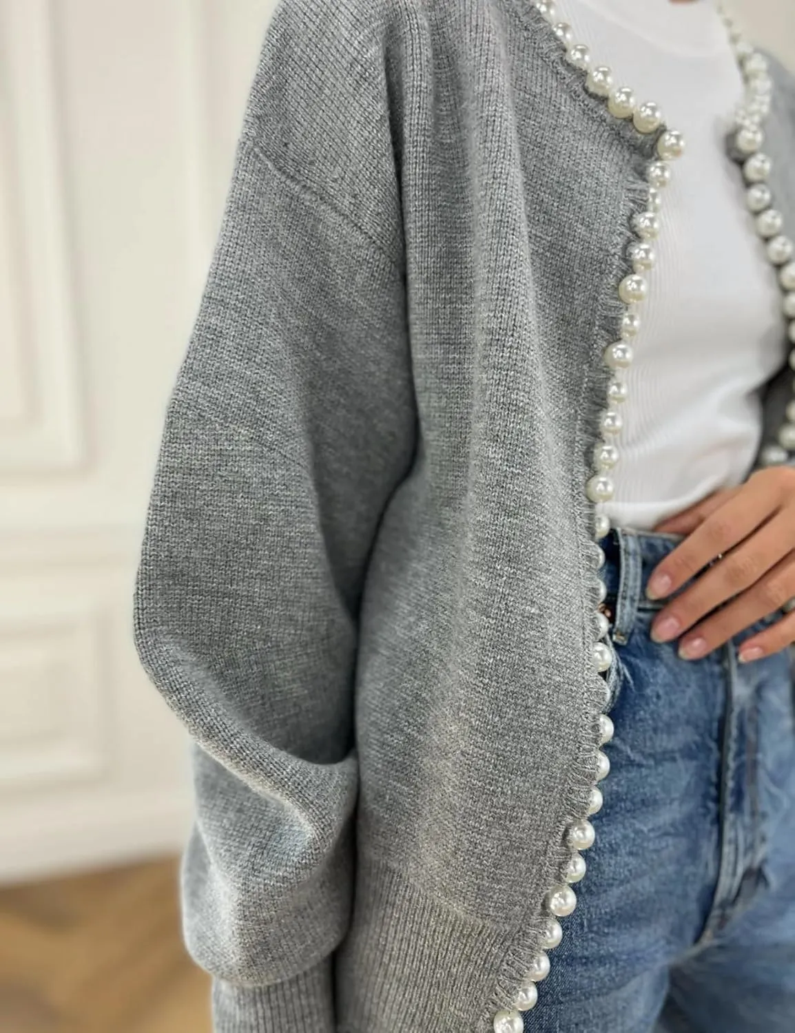 Kedera Womens Casual Pearl Cardigan 2025 Spring Elegant Embellished Long Sleeve Oversized Knit Sweater