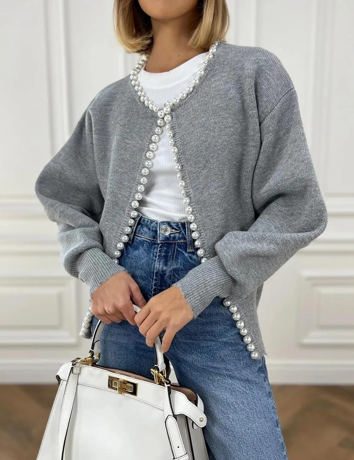Kedera Womens Casual Pearl Cardigan 2025 Spring Elegant Embellished Long Sleeve Oversized Knit Sweater