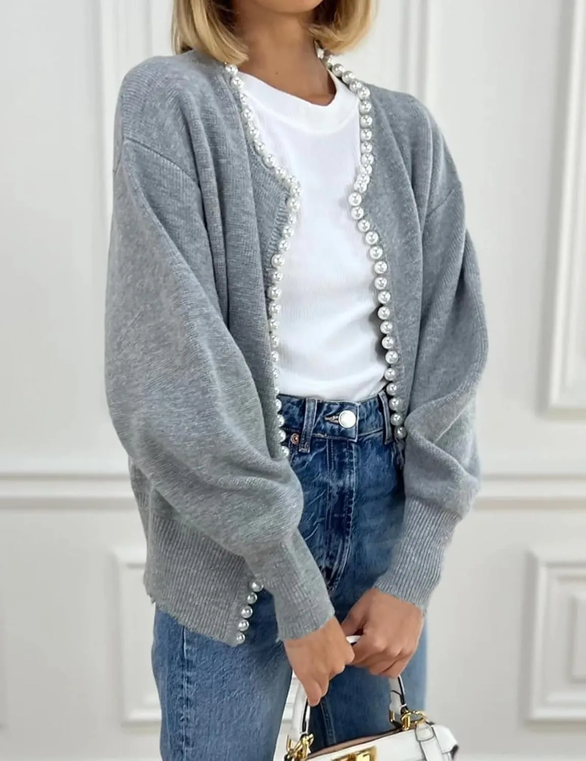 Kedera Womens Casual Pearl Cardigan 2025 Spring Elegant Embellished Long Sleeve Oversized Knit Sweater