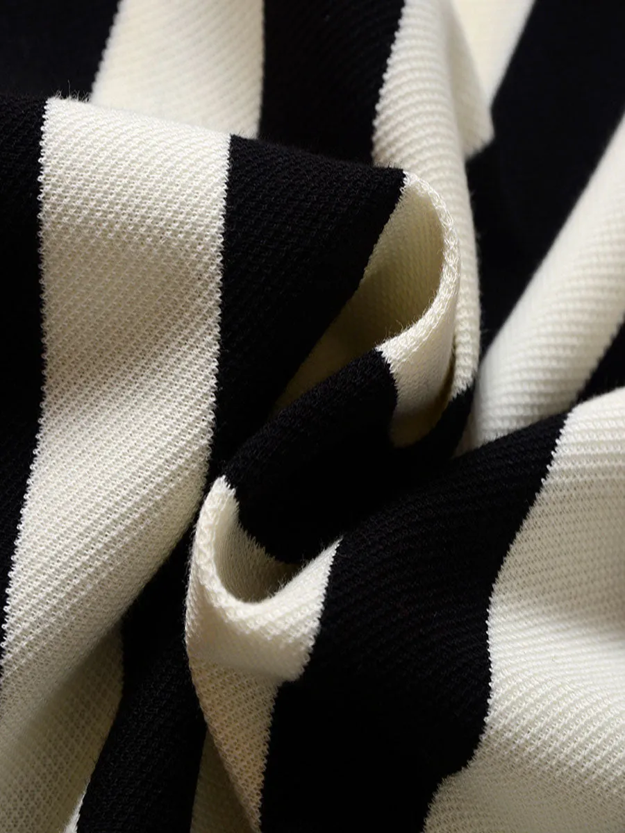 Knitted Black And White Striped Loose T-shirt Top