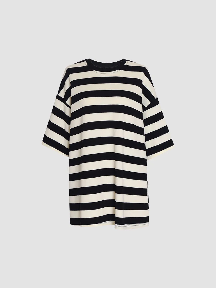 Knitted Black And White Striped Loose T-shirt Top
