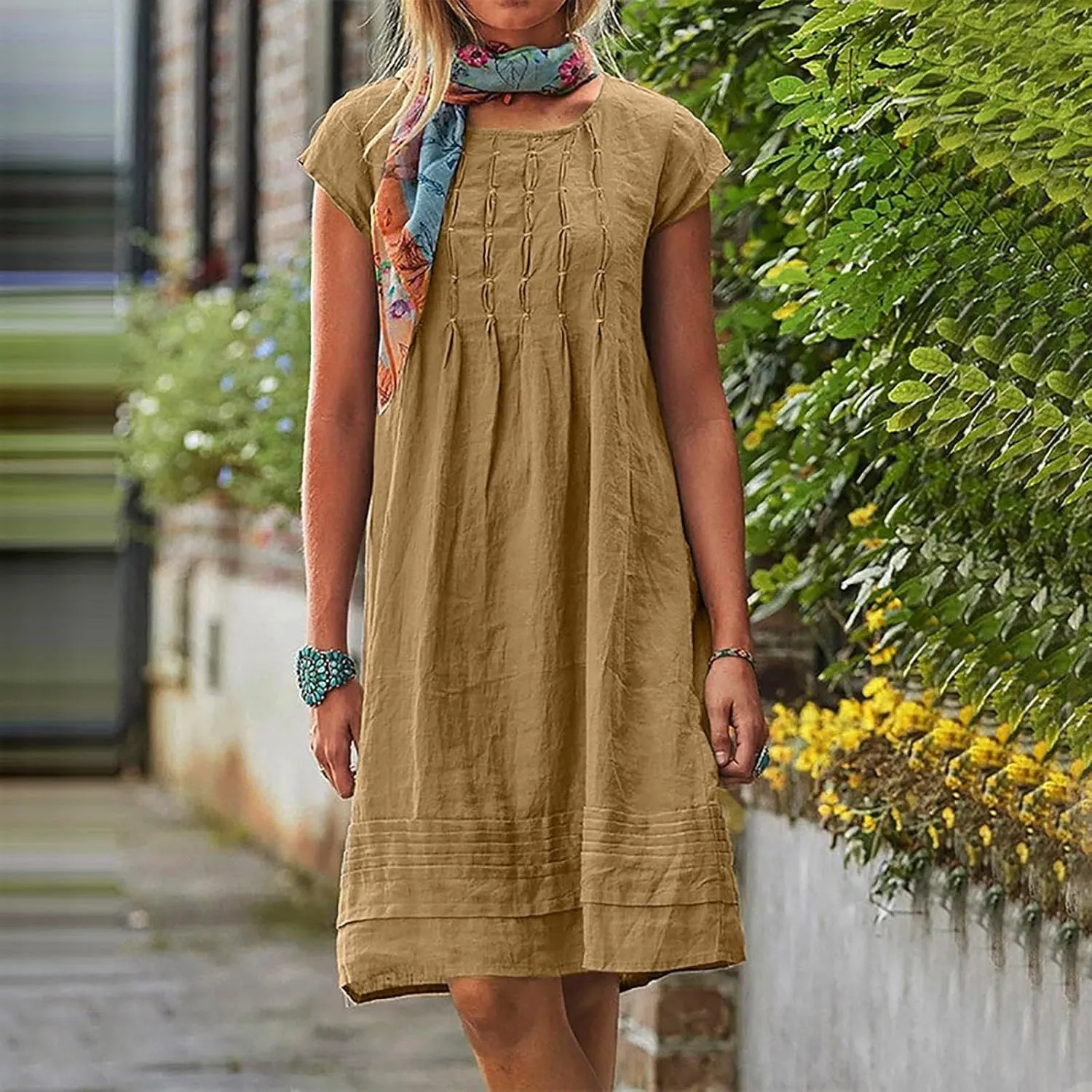 Linen Dresses for Women 2025 Pleated Summer Midi Dresses Cap Sleeve Flowy Dress Beach Vacation Casual Mini Dress