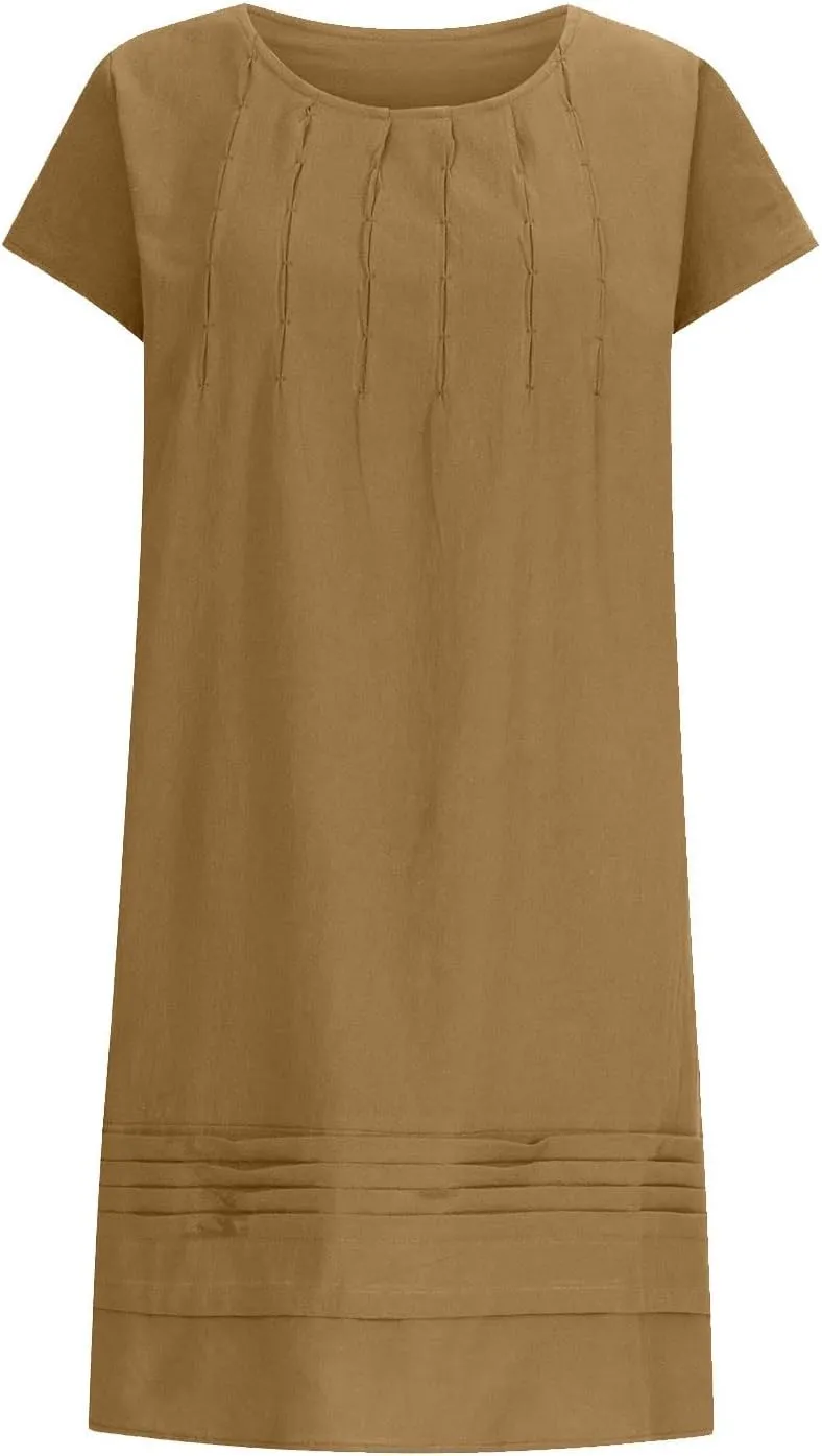 Linen Dresses for Women 2025 Pleated Summer Midi Dresses Cap Sleeve Flowy Dress Beach Vacation Casual Mini Dress