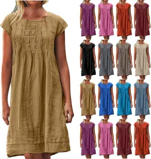 Linen Dresses for Women 2025 Pleated Summer Midi Dresses Cap Sleeve Flowy Dress Beach Vacation Casual Mini Dress