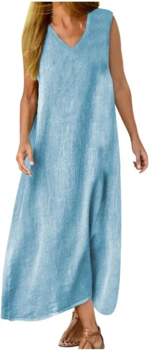 Linen Dresses for Women Sleeveless Linen Casual Cotton Tank Maxi 2025 Summer Dress