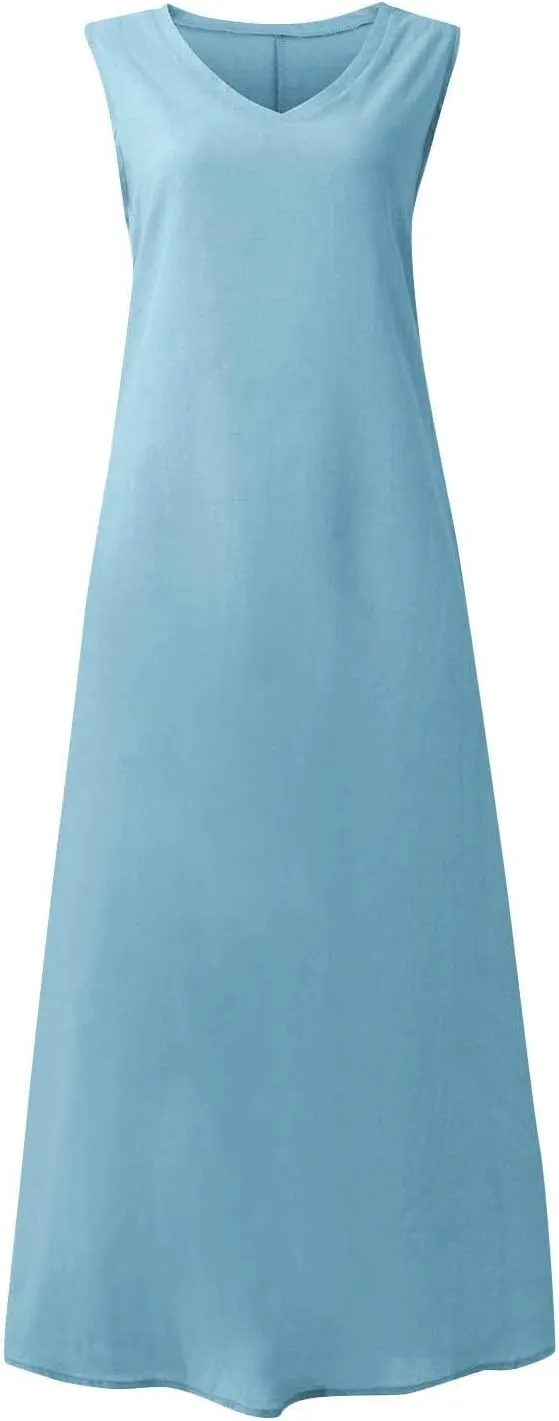 Linen Dresses for Women Sleeveless Linen Casual Cotton Tank Maxi 2025 Summer Dress