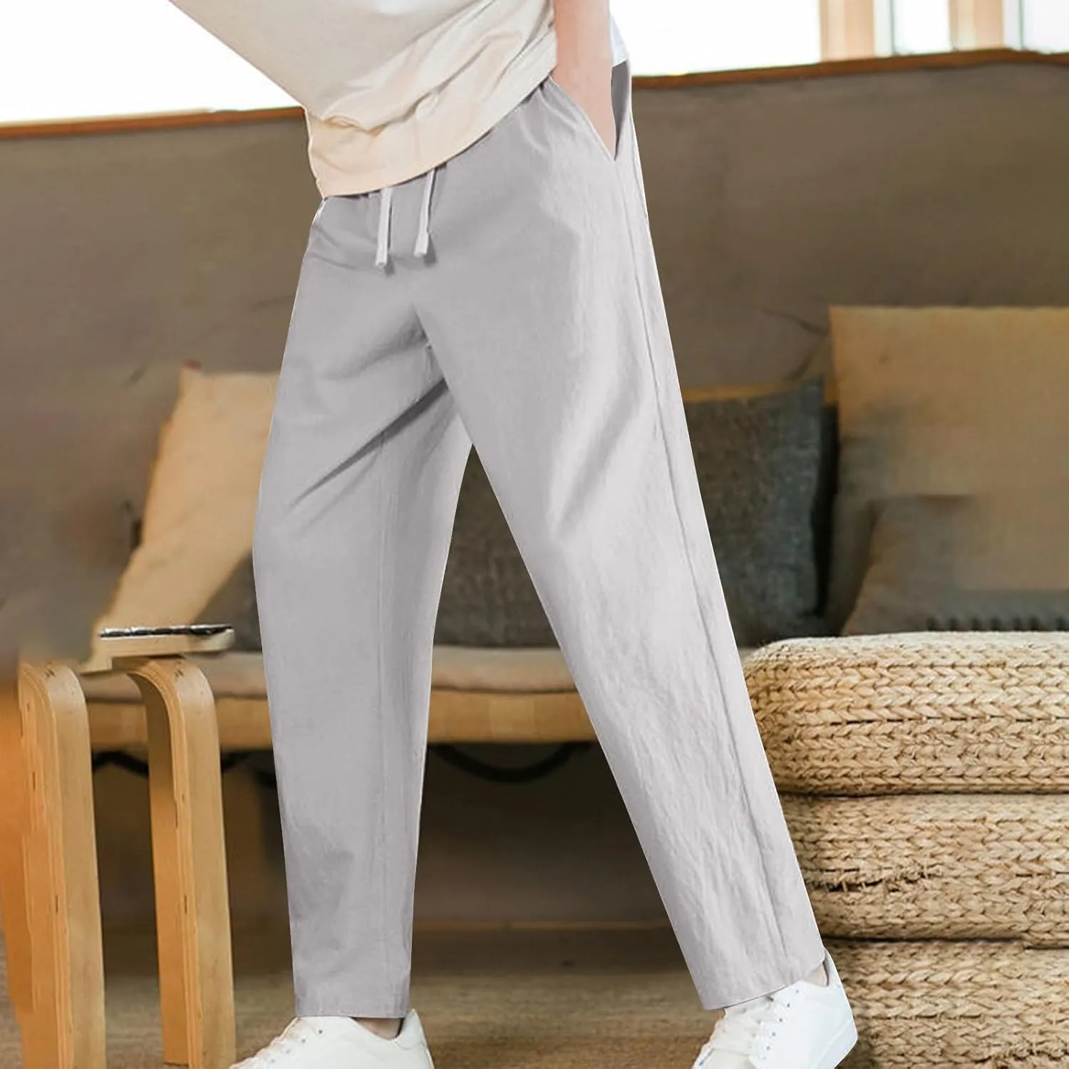 Linen Pants for Men Beach Vacation Straight Leg Summer Pants Drawstring Lounge Lightweight Trousers with Pockets
