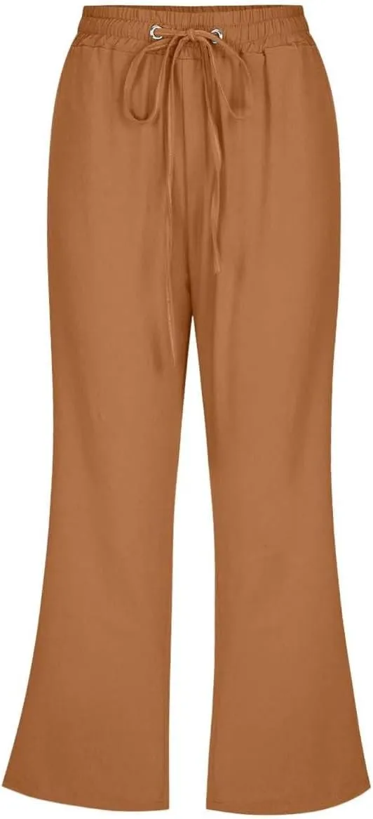 Linen Pants for Women Fashionable High Waist Drawstring Wide Leg Ladies Casual Pants Petite Linen Pants