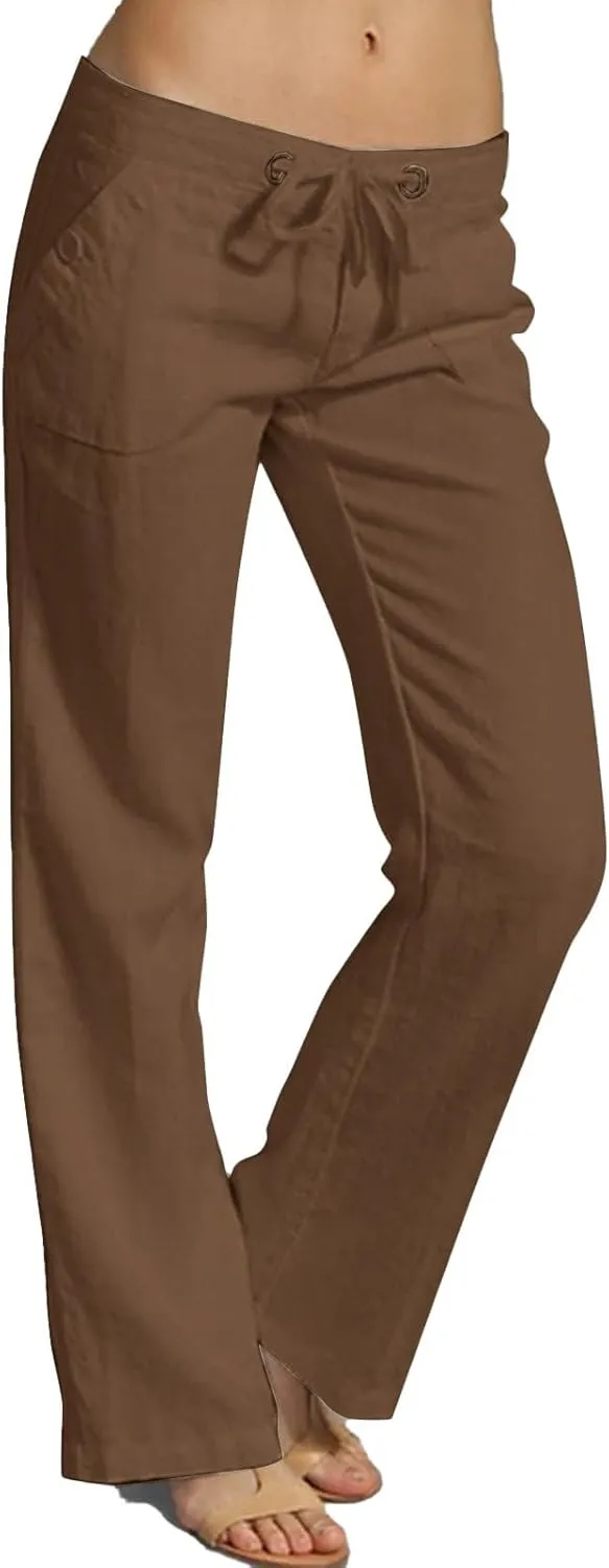 Linen Pants for Women Fashionable High Waist Drawstring Wide Leg Ladies Casual Pants Petite Linen Pants