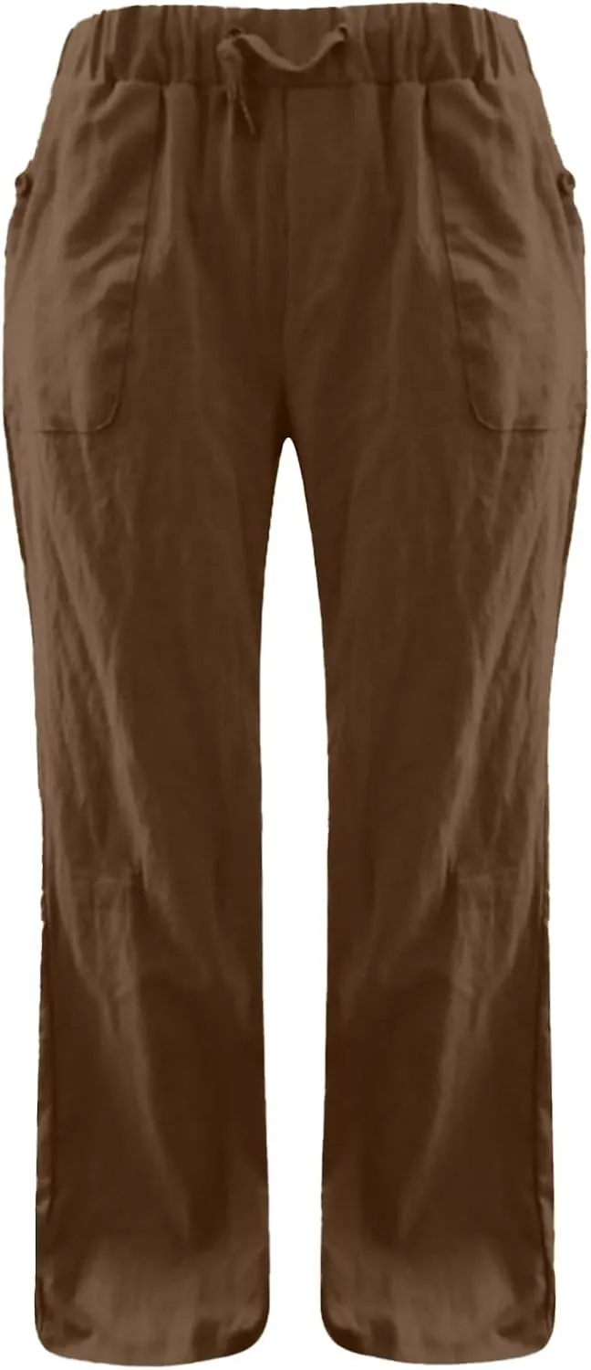 Linen Pants for Women Fashionable High Waist Drawstring Wide Leg Ladies Casual Pants Petite Linen Pants