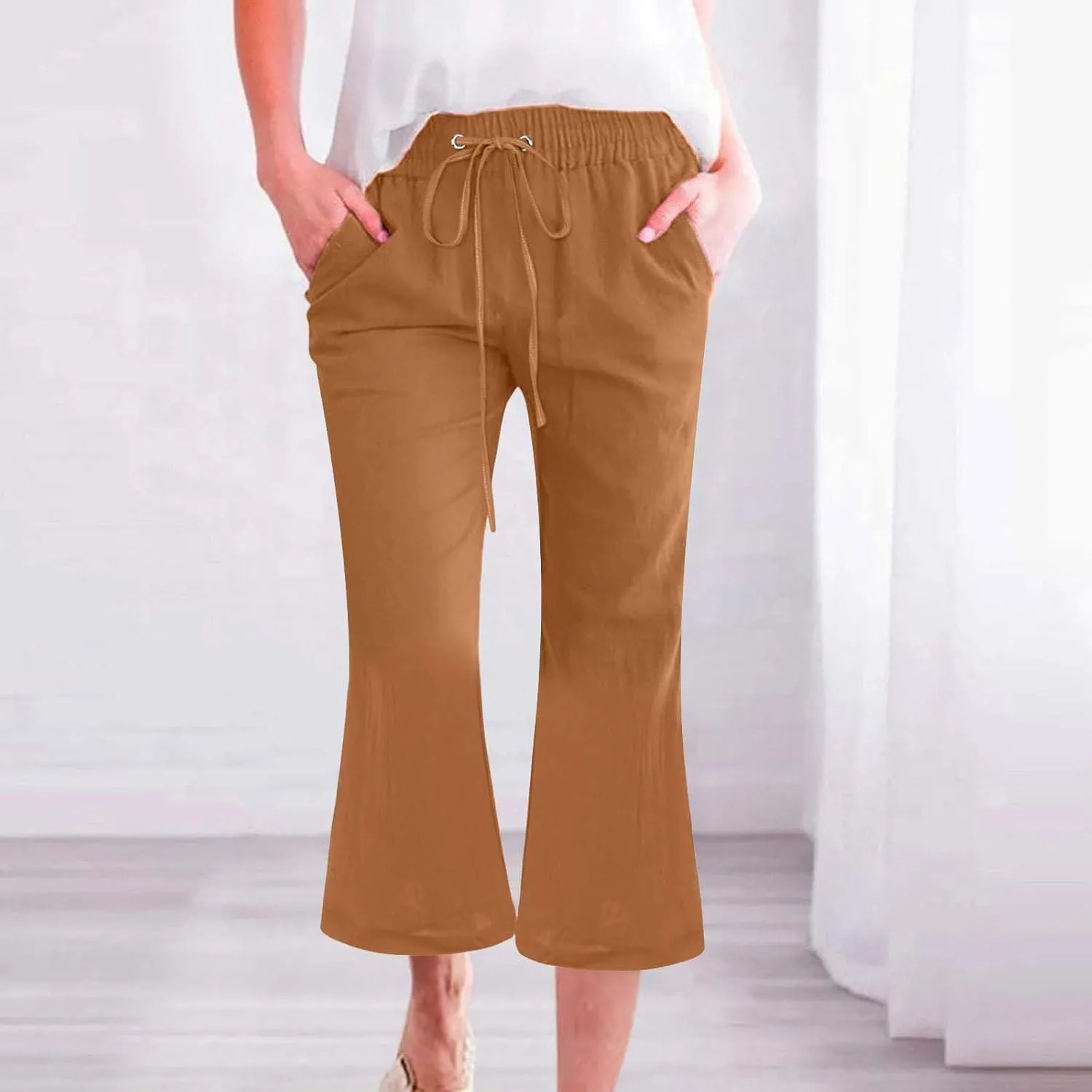 Linen Pants for Women Fashionable High Waist Drawstring Wide Leg Ladies Casual Pants Petite Linen Pants