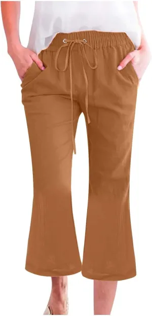 Linen Pants for Women Fashionable High Waist Drawstring Wide Leg Ladies Casual Pants Petite Linen Pants